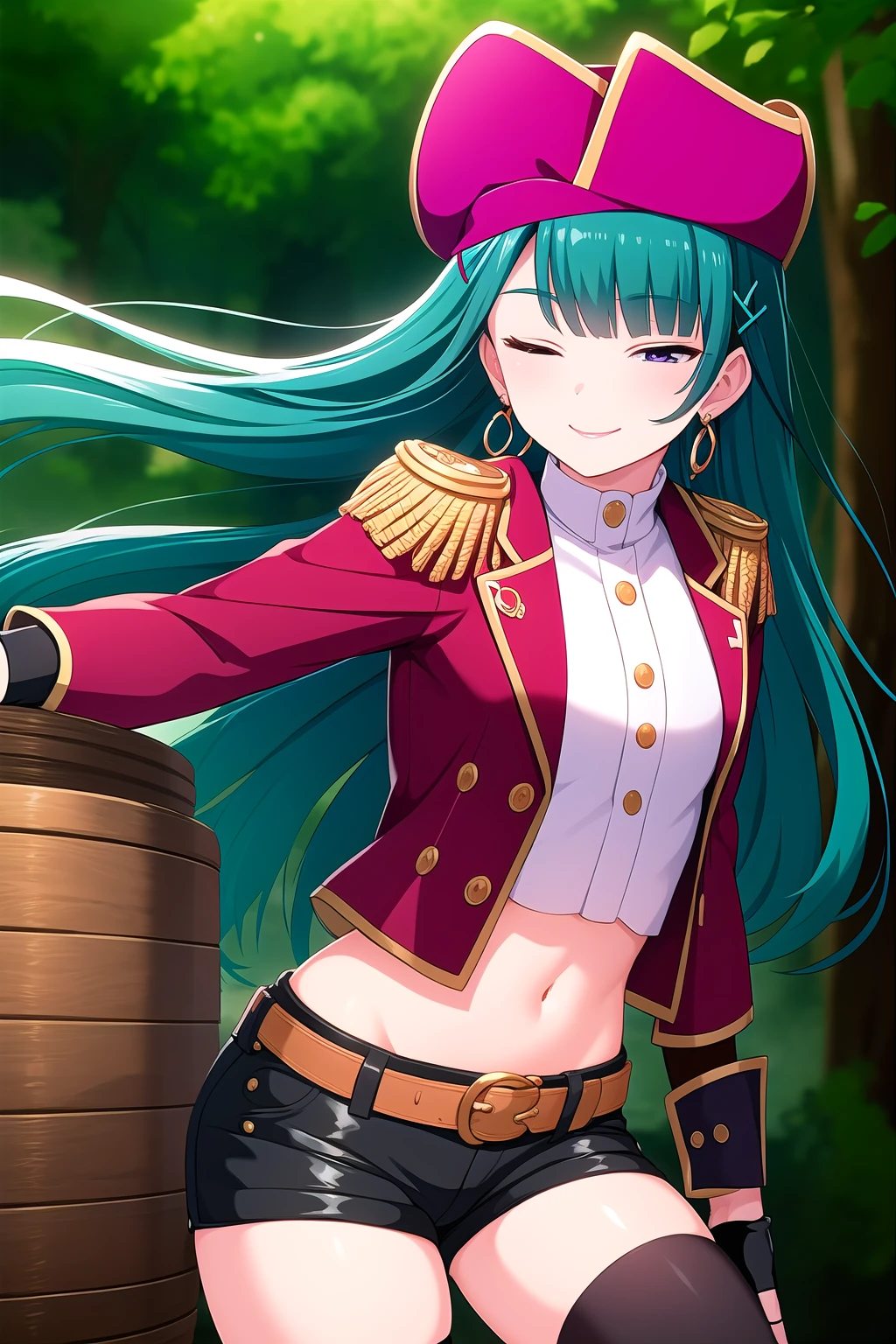 (masterpiece, best quality), highly detailed background, perfect lightingbest quality, chiyouraayame, solo, outdoors, watercraft, pirate, pirate hat, aqua hair, blunt bangs, hairclip, x hair ornament, very long hair, one eye closed, purple eyes, earrings, jewelry, small breasts, epaulettes, red jacket, cropped jacket, open jacket, crop top, white shirt, black gloves, fingerless gloves, belt, black shorts, short shorts, black thighhighs, smile, closed mouth, ;), pink lips, <lora:Chiyoura-Ayame:0.7>