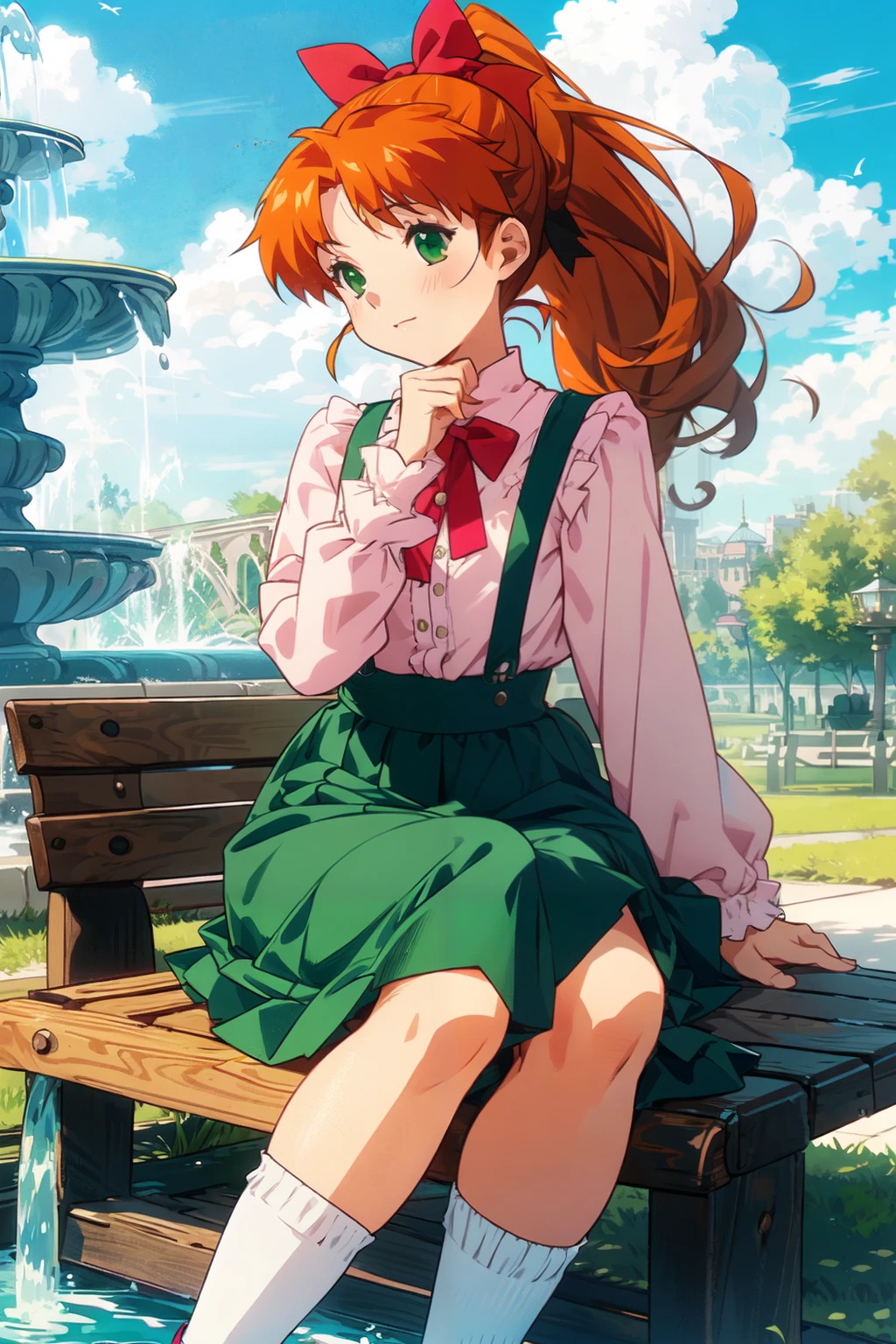  mana, green_eyes, orange_hair, long_hair, high_ponytail, hair_ribbon, red_ribbon,(Pink Victorian blouse), green skirt, suspenders skirt, ruffled skirt, white socks, brown shoes,, park, bench, sit, blue sky, white clouds, fountain,