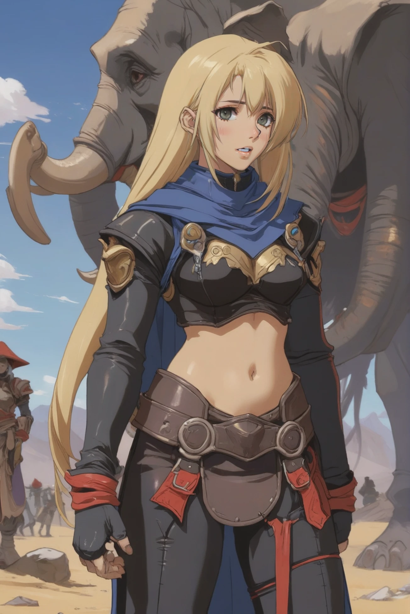 anime style digital painting, xenogears official art, 1girl, woman, laughing orc desert barbarian witch, (muscular:1), (warpaint:1), gold hair, long hairleather cape, head bowed, with a pet Elephant, bombshell hair, reflective color:darkslateblue metal hair, drill hair, average figure, korean, homeless camp in a impossible fantasy megastructure outside of time, masterpiece<lora:EnvyStarlightXenogearsStyle01:1>