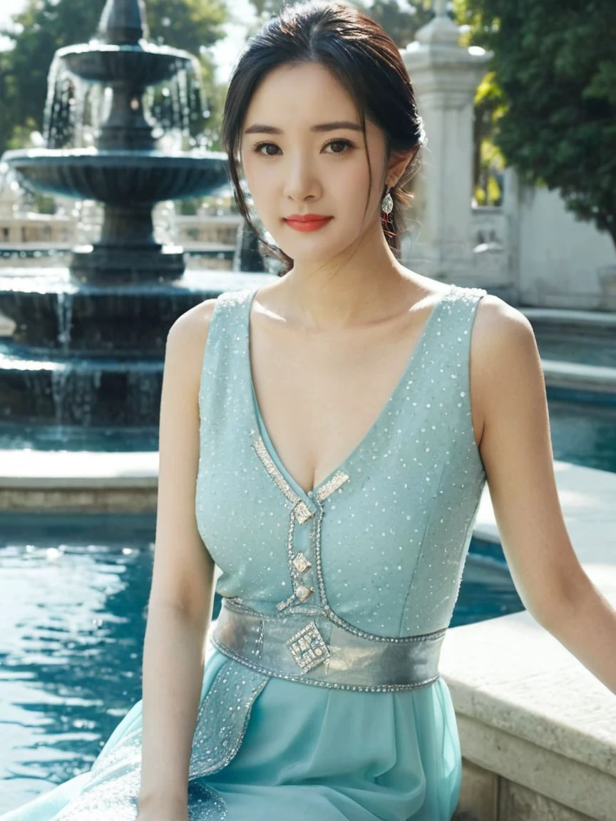 yangmi woman,cool, artstation,photo realistic,beautiful, high-resolution image,Midshots,shartp focus,natural lighting,detailed clothing, in mid centry clothes, a princess sitting at fountain in background, holding water, looking at viewer In depth, watercolor, fused pool, beautiful sunshine, close-up