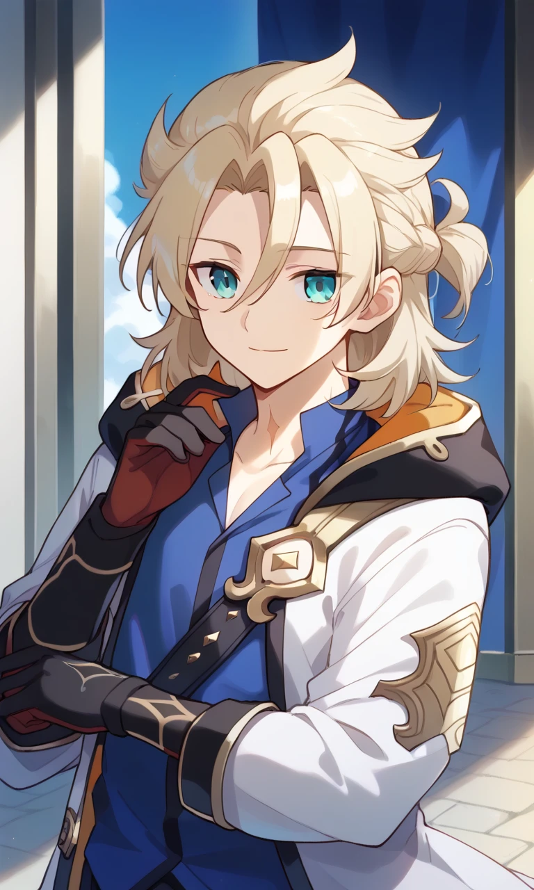 1boy,solo,male focus, smile,albedo,blonde hair,hair between eyes,aqua eyes,shirt,blue shirt,coat,white coat,scar on neck,gloves,black gloves