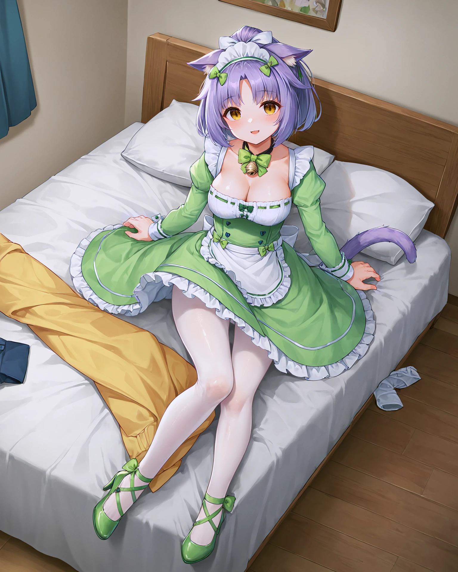 <lora:Neko_Cinnamon_XL:0.7> cinnamon, light purple hair, bangs, yellow eyes, cat girl, cat ears, cat tail, bow, green bow, ribbon, bell, neck bell, hair ribbon, hair ornament, maid headdress, light green dress, frills, cleavage, light green sleeves, long sleeves, sleeves past wrists, puffy sleeves, wrist cuffs, puffy short sleeves, apron, waist apron, frilled apron, pantyhose, white pantyhose, white legwear, shoes, high heels, light green footwear,, <lora:9_Detail_Tweaker_XL:0.8>, score_9, score_8_up, score_7_up, source_anime, masterpiece, best quality, highly detailed background, cinematic lighting, detailed eyes, perfect face,, lazy, teenager room, messy, bedroom, bed sheet, closet,