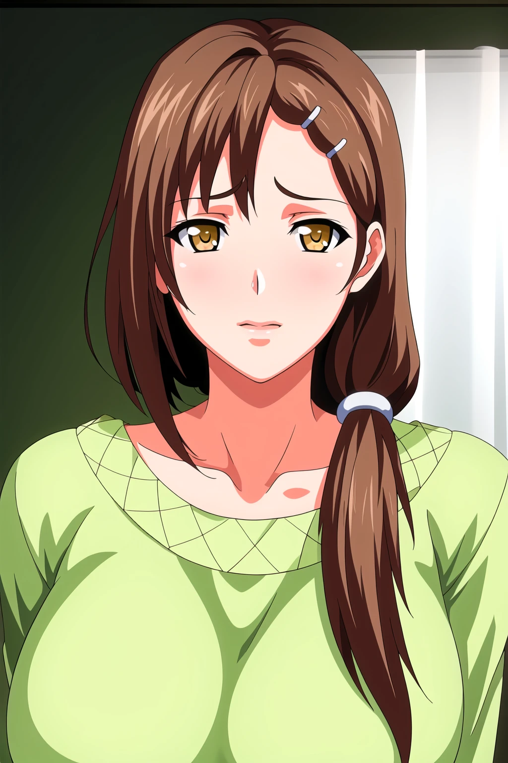 Simple green Background,
dynamic pose,standing at attention,
green_shirt,White_skirt,long sleeves,collarbone,
<lora:Shiori_Hiura_Wanna-KK77-V2:0.7>,<lora:Shiori_Hiura_WANNA-KK77-V1:0.3>,
brown_hair,brown_eyes,single braid,Bangs,hair ornament, hairclip,
<lora:Oda_Non_Style-KK77-V2:0.3>,<lora:more_details:0.1>,
1 girl, 20yo,Young female,Beautiful long legs,Beautiful body,
Beautiful Nose,Beautiful character design, perfect eyes, perfect face,expressive eyes,perfect balance,
looking at viewer,(Focus on her face),closed mouth, (innocent_big_eyes:1.0),(Light_Smile:0.3),
official art,extremely detailed CG unity 8k wallpaper, perfect lighting,Colorful, Bright_Front_face_Lighting,White skin,
(masterpiece:1.0),(best_quality:1.0), ultra high res,4K,ultra-detailed,
photography, 8K, HDR, highres, absurdres:1.2, Kodak portra 400, film grain, blurry background, bokeh:1.2, lens flare, (vibrant_color:1.2),professional photograph,
(Beautiful,large_Breasts:1.4), (beautiful_face:1.5),(narrow_waist),