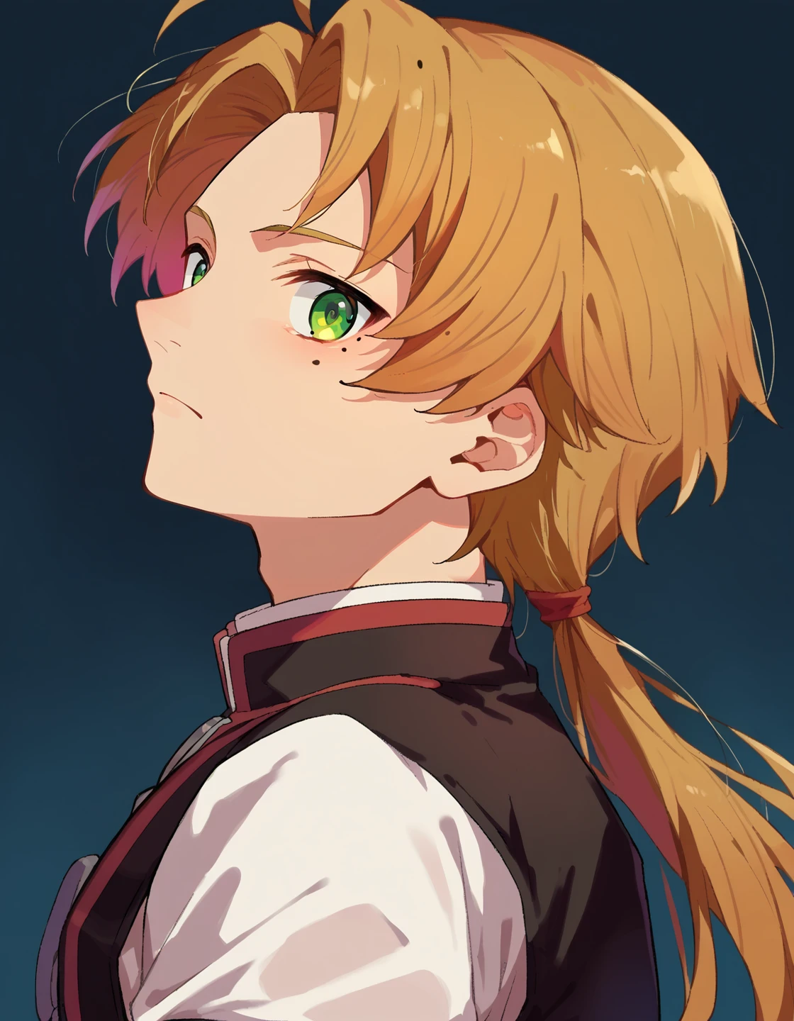 score_9, score_8_up, score_7_up, score_6_up, score_5_up, score_4_up, source anime, BREAK
<lora:mushoku_multiple:0.9> mushoku tensei, rudeus greyrat, solo, low ponytail, looking at viewer, 1boy, green eyes, ahoge, male focus, mole, mole under eye,
upper body, from side