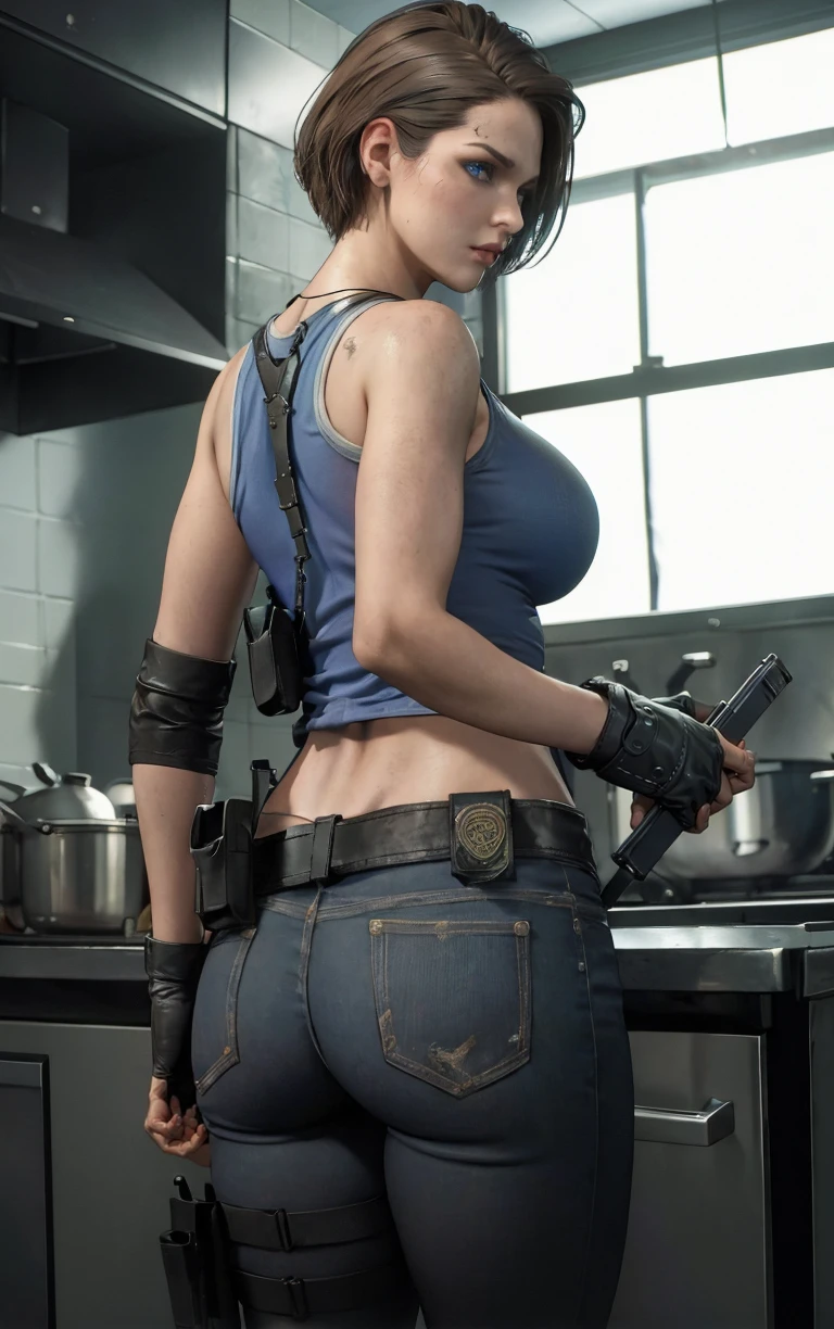 (masterpiece, best quality:1.4), insaneres, absurdres, solo, looking at viewer,BREAK 
GAME_ResidentEvil3Remake_JillValentine_ownwaifu, 
short hair, breasts, lips, brown hair, necklace, jill valentine, blue eyes, nose, dog tags, large breasts, collarbone, 
tank top, gloves, jewelry, fingerless gloves, pants, belt, holster, cleavage, shoulder holster, thigh holster, sleeveless, denim, pendant, bare shoulders, blue tank top, black pants, belt pouch, 
(looking back, from behind), cooking, frying pan, kitchen, indoors, <lora:GAME_ResidentEvil3Remake_JillValentine_ownwaifu:0.8> , depth of field