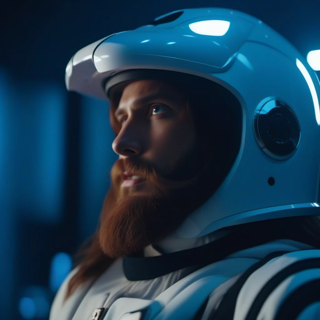 cinematic photo a man with long hair and a beard in a space suit with a helmet<lora:Ulysse31-1024_r1:0.7> . 35mm photograph, film, bokeh, professional, 4k, highly detailed