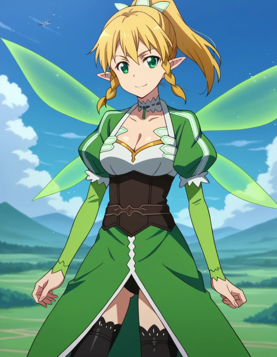score_9, score_8_up, score_7_up, source_anime,
suguhakirigaya, <lora:suguha-kirigaya-s1-ponyxl-lora-nochekaiser:1>,
suguha kirigaya, long hair, blonde hair, hair between eyes, green eyes, ponytail, braid, pointy ears, twin braids,
thighhighs, cleavage, wings, green dress, fairy wings, fairy, multiple wings, spread wings, energy wings, glowing wings, green wings,
outdoors, landscape, smile,
looking at viewer, cowboy shot, solo, dutch angle,