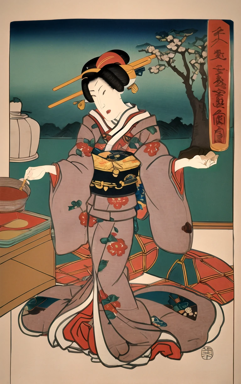 (masterpiece, best quality:1.4), insaneres, absurdres, solo, looking at viewer,BREAK 
LoConARTSTYLE_Kunisada_ownwaifu, www.ownwaifu.com,  
 fine art parody, parody, nihonga, tree, flower, painting \(medium\), indoors,  east asian architecture, 
1girl, solo,  black hair,  japanese clothes, long sleeves, hair ornament,  floral print, wide sleeves, sash, 
<lora:LoConARTSTYLE_Kunisada_ownwaifu:1> , depth of field 
,