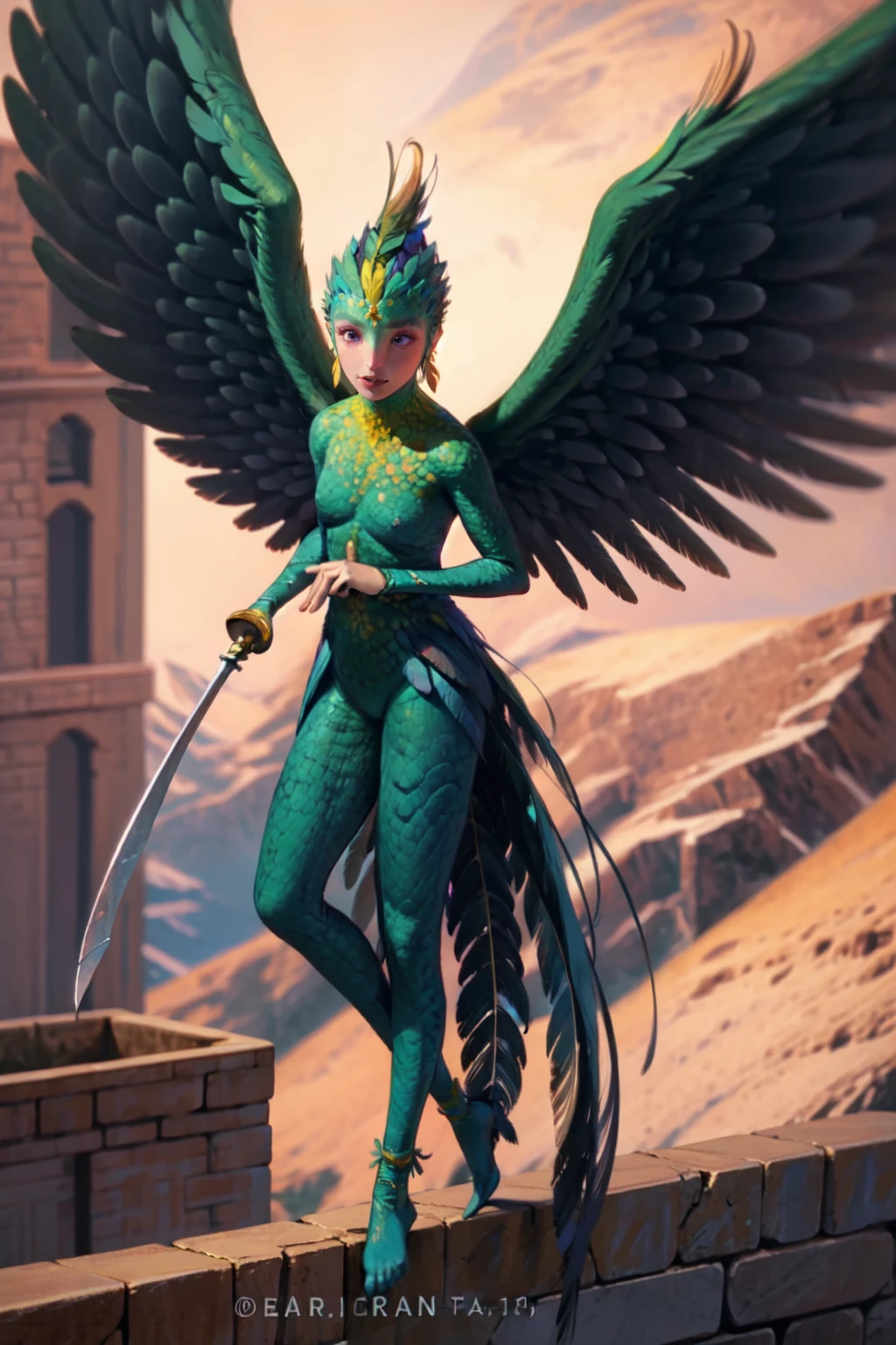 toothiana, 1girl, solo, feathered wings, bird tail, holding swords