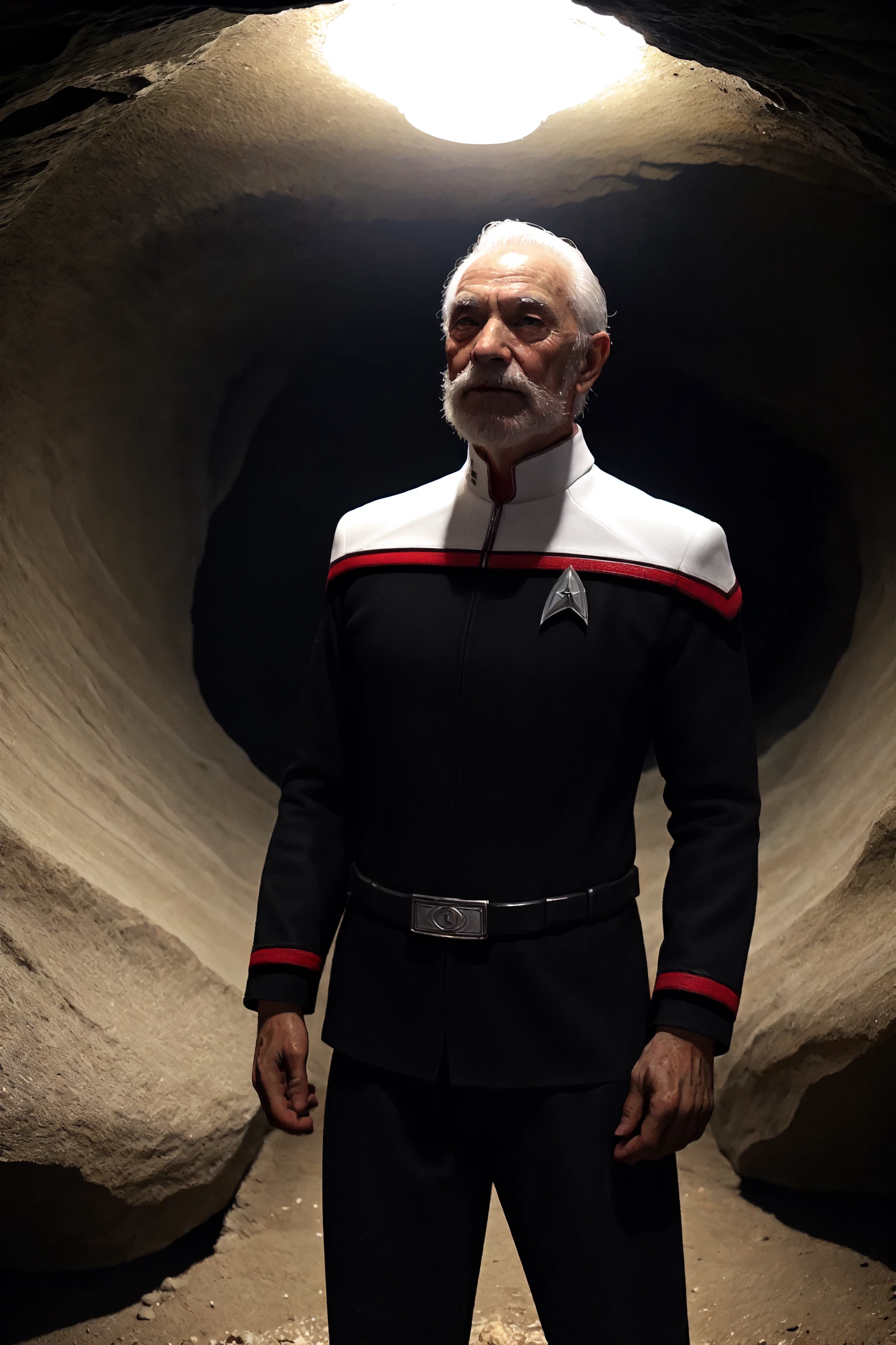 very old male, solo,beard, long hair, smile, black hair,wearing (Stoddunf uniform with black uniform chest and white uniform shoulders and black long sleeves:1.3)<lora:OdysseyUnf:0.8>, inside a cave, poor lighting, night, darkness, portrait, sci fi
