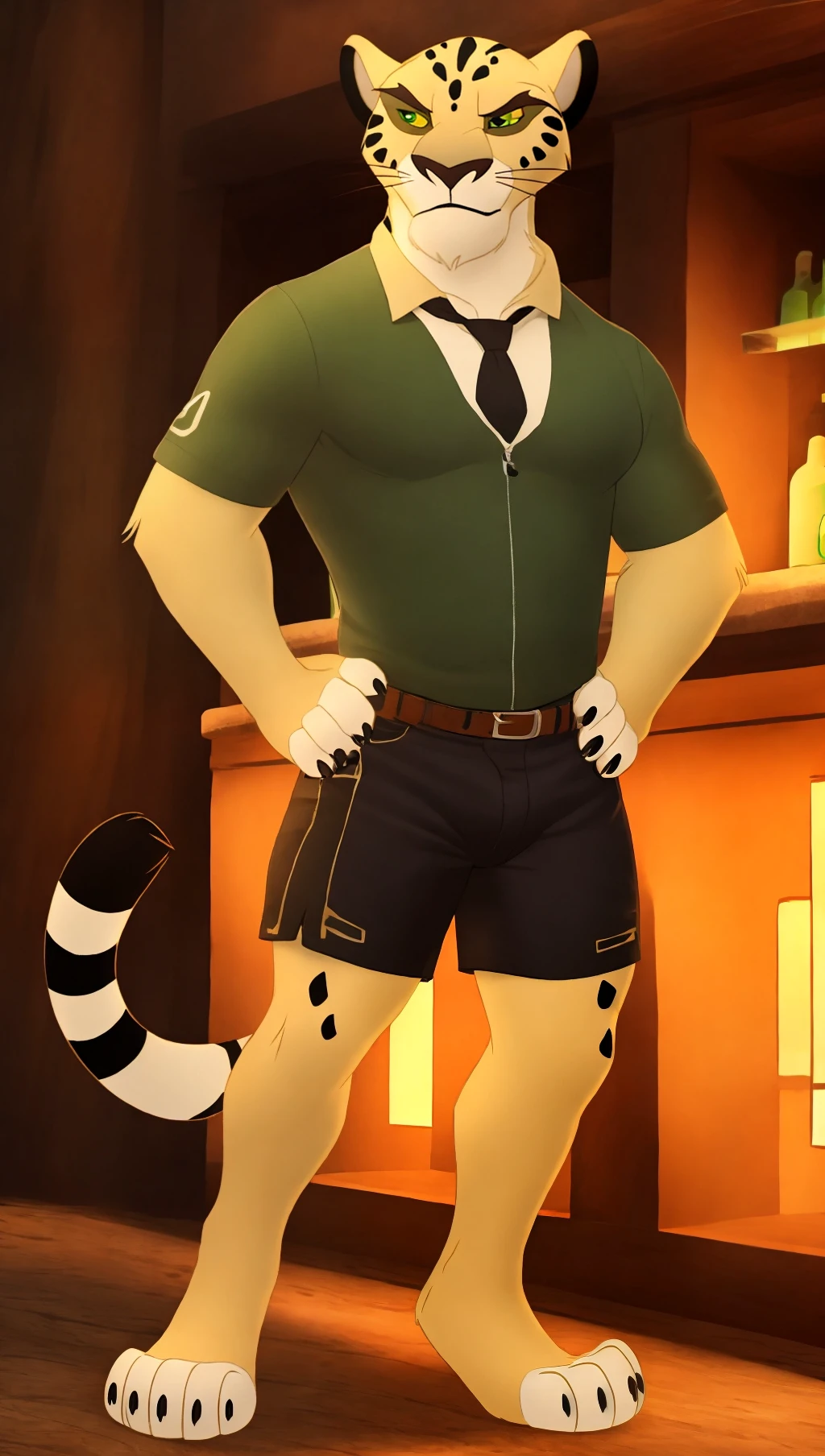 Solo <lora:D58397CFEF:0.9> anthro, leopard, Makucha, perfect yellow sclera, perfect green eyes, male, at night, <ti:kkw-macro>  male tall tiger, super muscular, mature male,  tail, (posing:1.3), (soft shading), 4k, hi res, ((detailed face, detailed)), by zackarry911, by zaush, (by personalami:0.5), foulard, shorts,  penis,  bar (place), arrogant smile, hands on hips, big feet, big paws