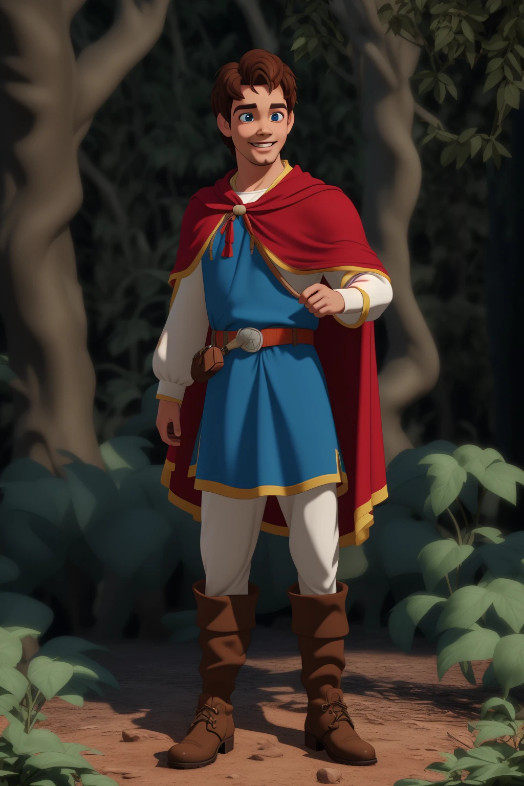 <lora:Prince_F-V5-Anything:0.85> pr1nc3_fl0, render, 3d, masterpiece, (pixar style), 4k,1boy, man,brown hair, looking at viewer,smiling, blue tunic with white sleeves, red cape, big eyes, forest, from front
<lora:3DMM_V7:0.3> 3DMM