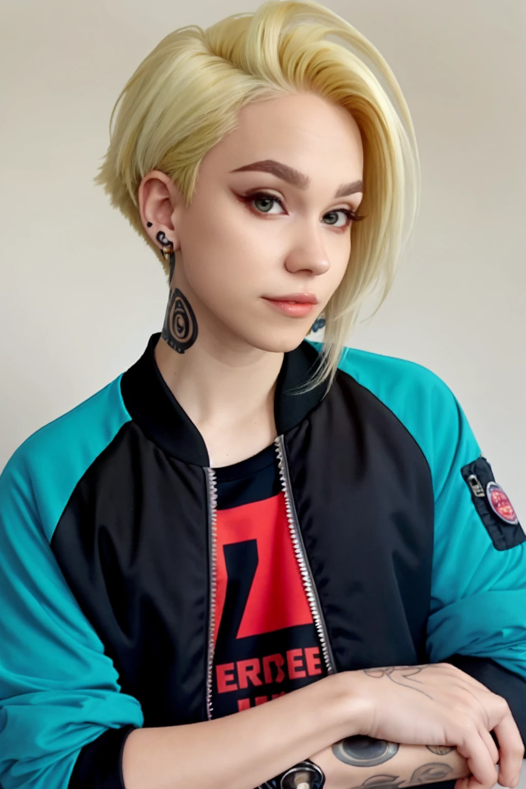 <lora:shirogane-02:1> shirog4n3, parted lips, upper body,undercut, blonde hair, eyebrow piercing, asymmetrical hair, bomber ,raglan shirt