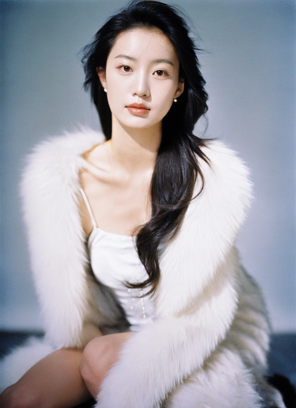 Film photography,woman,Asian,portrait,studio lighting,long hair,beige top,faux fur coat,kneeled pose,looking at camera,subtle makeup,clear complexion,soft expression,natural light,high-quality image,light background,minimalistic,fashion photography,elegance,youthful,seated position,, 8K,masterpiece, best quality:1.2,ultrahigh-res,