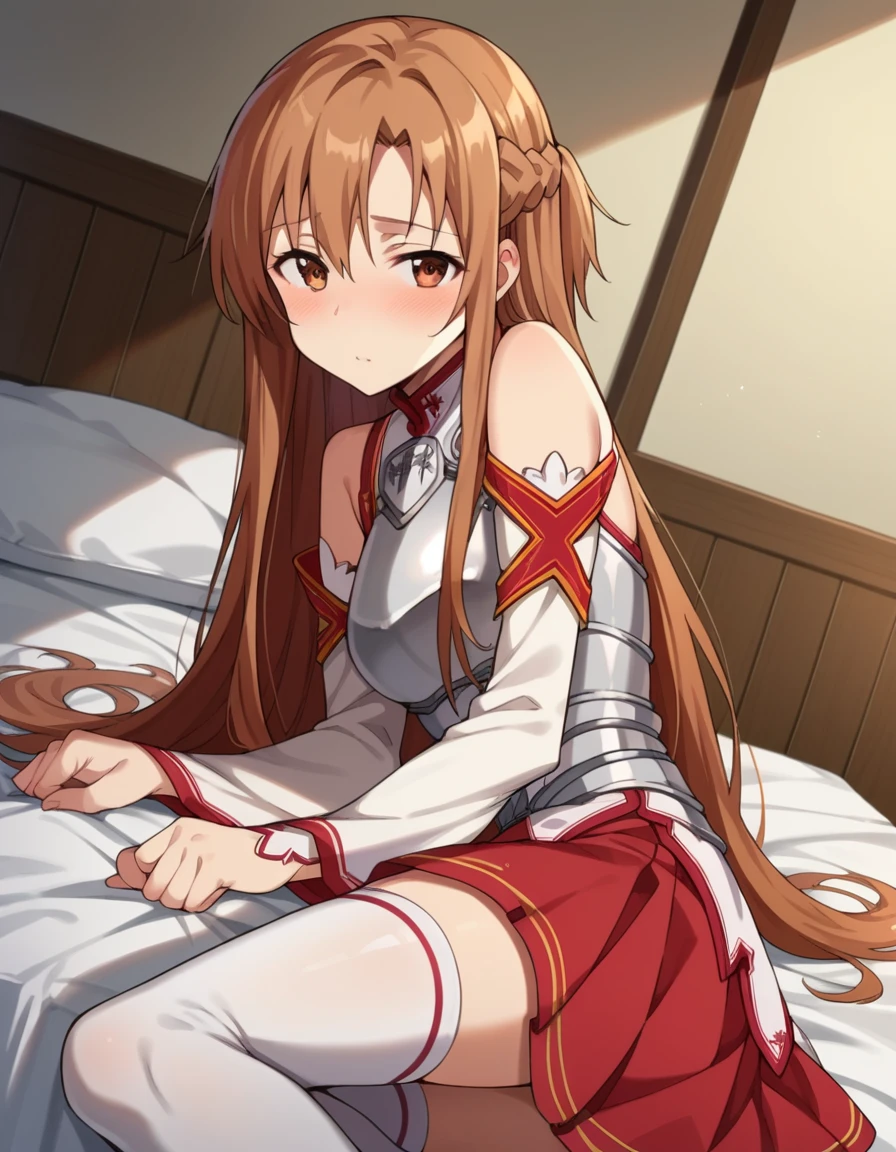 asunayuuki, asuna yuuki, long hair, brown hair, (brown eyes:2), (small breast:1.2),
BREAK skirt, thighhighs, bare shoulders, detached sleeves, armor, white thighhighs, breastplate,
BREAK indoors, bed, bedroom,
BREAK looking at viewer, BREAK (masterpiece:1.2), best quality, high resolution, unity 8k wallpaper, (illustration:0.8), (beautiful detailed eyes:1.6), extremely detailed face, perfect lighting, extremely detailed CG, (perfect hands, perfect anatomy),