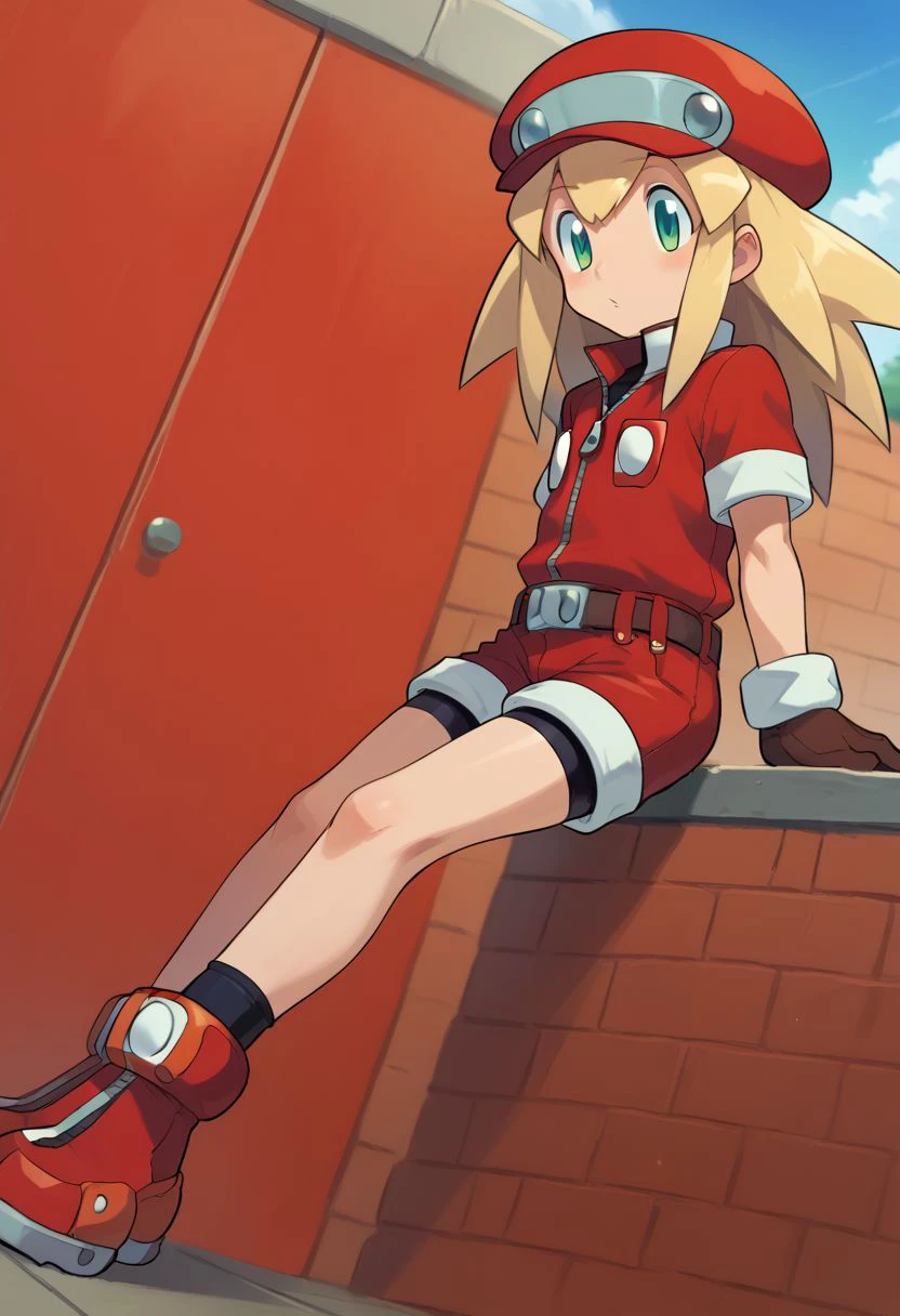 score_9, score_8_up, score_7_up, source_anime,
ishikawa hideki style, roll caskett (mega man), hair between eyes, bangs, long hair, spiked hair, blonde hair, green eyes, red cabbie hat, brown gloves, short sleeves, brown belt, red bodysuit, zipper, bike shorts under red bodysuit, red boots,