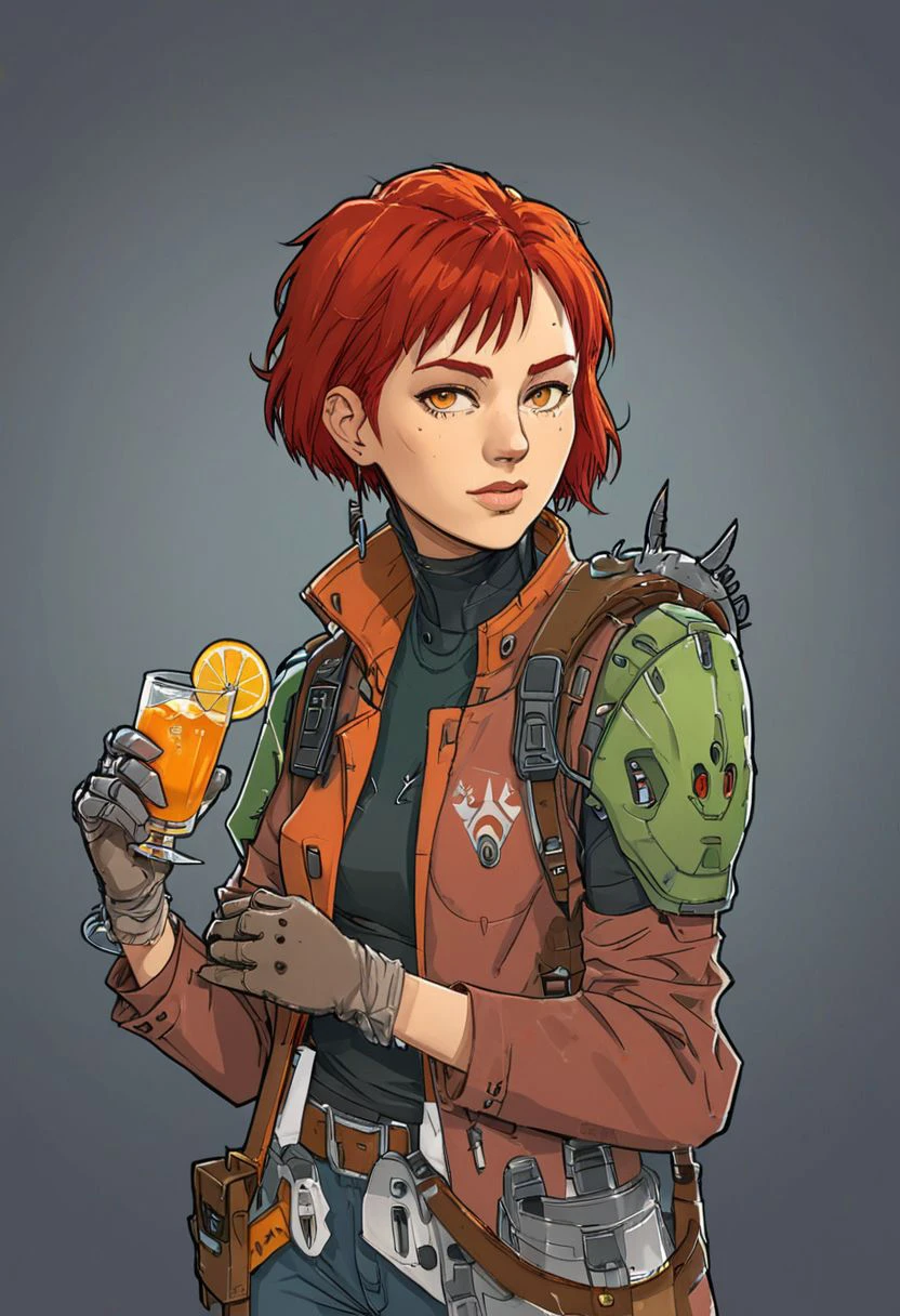 score_9, score_8_up, score_7_up, rating_safe, flat color, 1girl, villain, 25 years old, red short hair, tattered survivor clothes, bionic left arm, drink, gloves <LoRA_RimWorld Art v0.5:1>