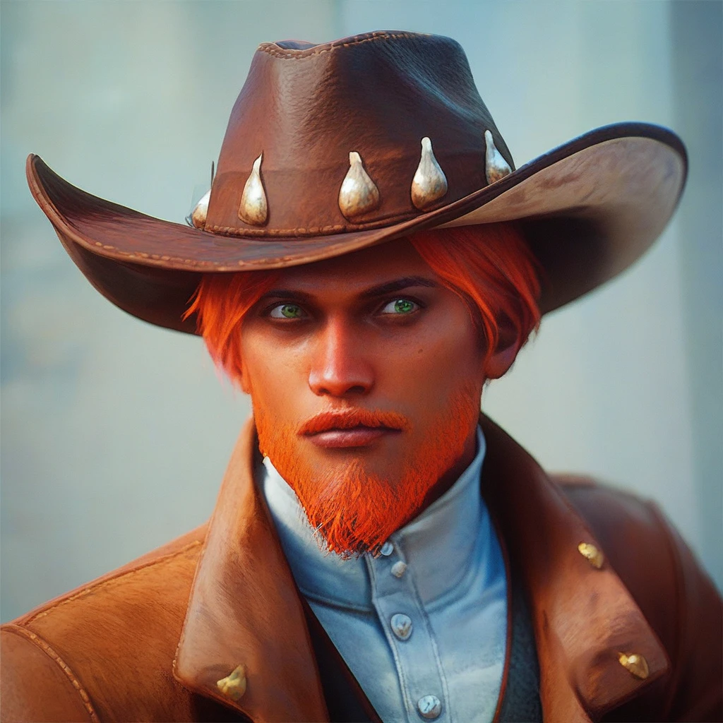 score_9, score_8_up, score_7_up,  1boy, cowboy, cowboy hat, orange hair, green eyes, dark skin, brown skin, <lora:sh40n:1> sh40n