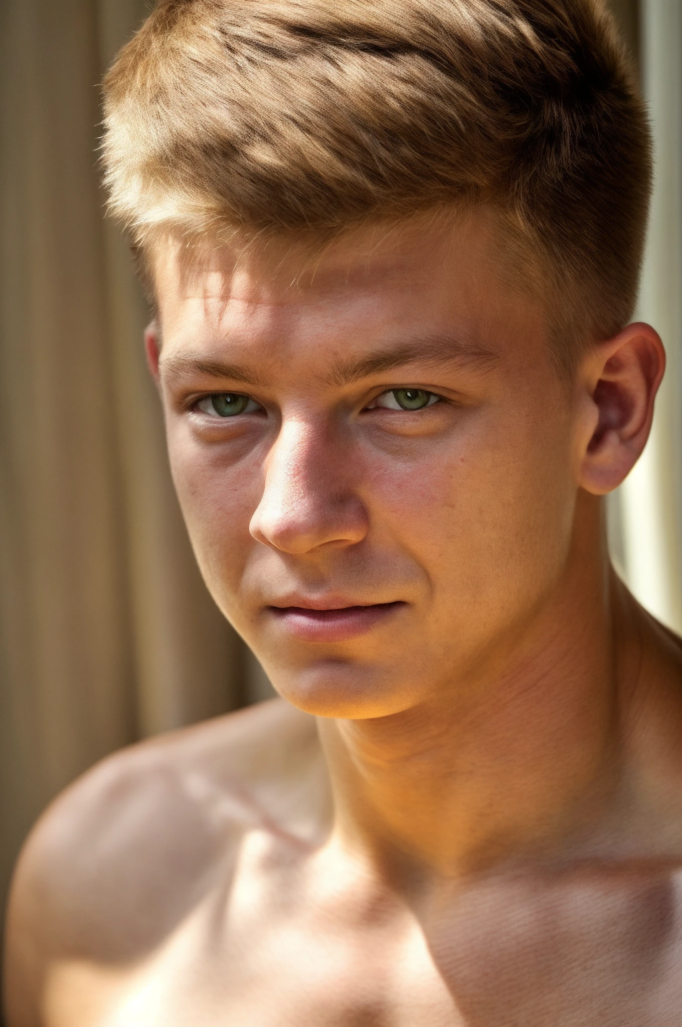 photo of Finnish blond boy, ((shirtless)), Icelandic thermal swimming pool, fjord background, wearing (((small dark blue speedo low around their waists))), buzzcut crewcut hair, golden hour lighting, wet, steamy, boyish