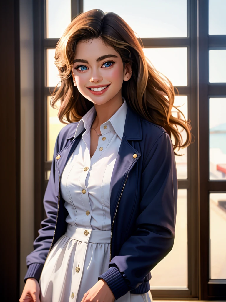 Realistic photo of a beautiful k4thy1 woman,1girl, solo, long hair, looking at viewer, smile, blue eyes, blonde hair, shirt, jacket, white shirt, upper body, teeth, collared shirt, artist name, indoors, grin, blurry, black jacket, dress shirt, blurry background, realistic, soft lighting, professional Photography, Photorealistic, detailed, RAW, analog, sharp focus, 8k, HD, DSLR, high quality, Fujifilm XT3, film grain, award winning, masterpiece<lora:k4thy1:1.0>