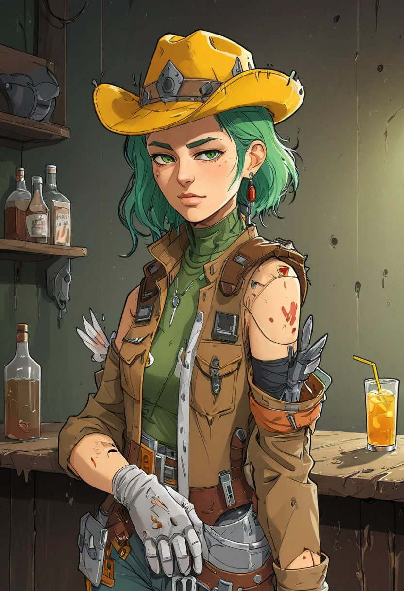 score_9, score_8_up, score_7_up, rating_safe, flat color, 1girl, villain, 25 years old, green hair, cowboy hat, tattered survivor clothes, bionic left arm, drink, gloves <LoRA_RimWorld Art v0.5:1>