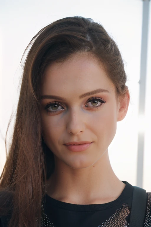 a breathtaking photo of   <lora:SandraShine_V1:1>, in front of a (mesh-wall),wearing a (crewneck:1.1),(4k, RAW photo, best quality, 50mm, depth of field, ultra high res),(intricate, photorealistic, masterpiece) closeup portrait, dutch angle