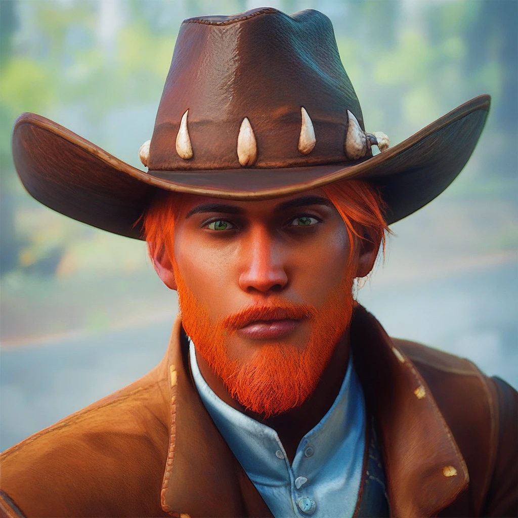 score_9, score_8_up, score_7_up,  sh40n,1boy, cowboy, cowboy hat, orange hair, green eyes, dark skin, brown skin,looking at viewer,facial hair, <lora:sh40n:1>