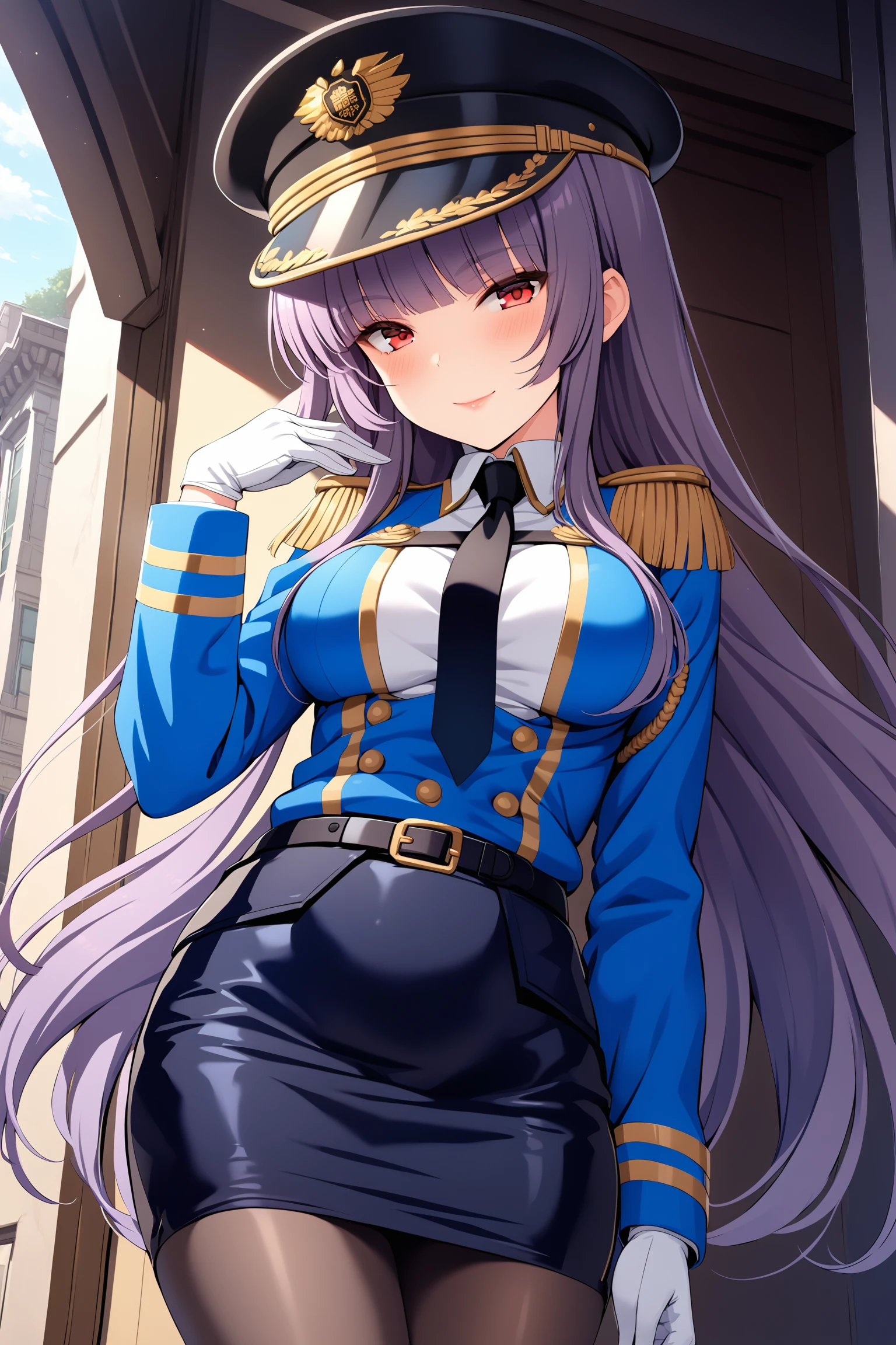 (masterpiece, best quality, very aesthetic, ultra detailed), intricate details, highly detailed background, perfect lightingbest quality, kagurazakasaya, solo, outdoors, military, military hat, peaked cap, black headwear, purple hair, blunt bangs, very long hair, red eyes, medium breasts, epaulettes, blue jacket, black necktie, white shirt, long sleeves, white gloves, black belt, miniskirt, pencil skirt, black pantyhose, military uniform, smile, closed mouth, pink lips, <lora:Kagurazaka-Saya:0.7>