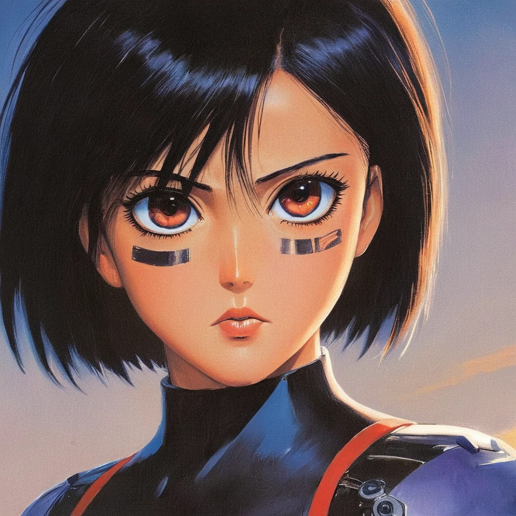 manga style art of  <lora:perfection style:0.9>
 <lora:Alita:1>
In futuristic 2563 Alita Ganmu a close up of a anime mangaperson with a very big face,1girl,solo,looking at viewer,short hair,black hair,red eyes,brown eyes,parted lips,teeth,clenched teeth,portrait,angry,close-up,retro artstyle,1990s (style),1980s (style),detailed,real,different,unique,cinematic,dramatic,concept art,filmic,Battle Angel style , big eyes, vibrant, high-energy, detailed, iconic, Japanese comic style, manga