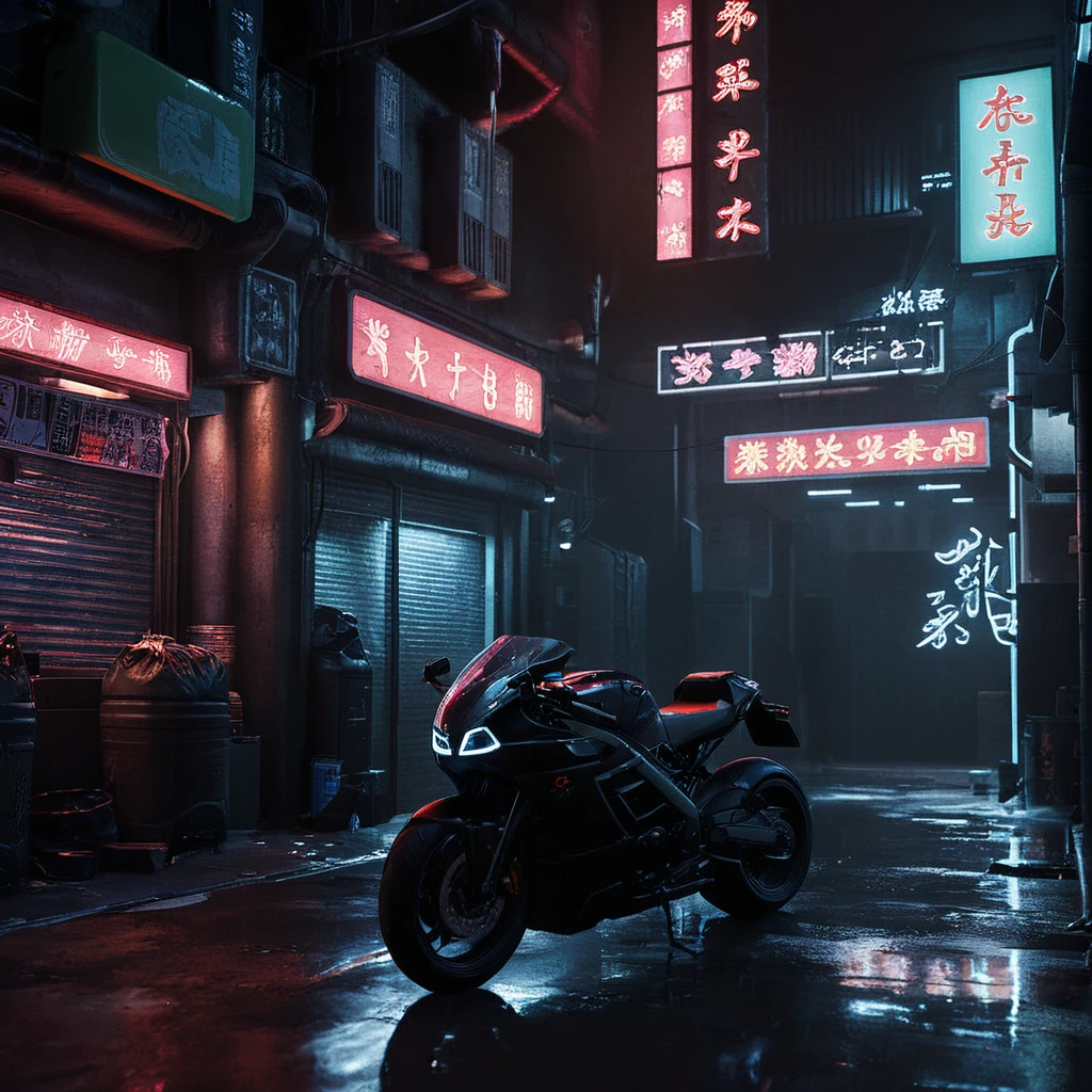 cinematic film still of  <lora:perfection style:0.3> perfection style
 <lora:Unreal Engine style:0.4> Unreal Engine style
 <lora:Ghost in the Shell style:0.8>
In Japanese manga cyberpunk city a neon lit street with a motorcycle parked in front of it,outdoors,no humans,night,building,scenery,city,sign,dark,trash can,alley,neon lights,trash bag , detailed, different, real, unique, cinematic, dramatic, concept art, filmic, perfect, high quality, Ghost in the Shell style, Masamune Shirow style, shallow depth of field, vignette, highly detailed, high budget, bokeh, cinemascope, moody, epic, gorgeous, film grain, grainy