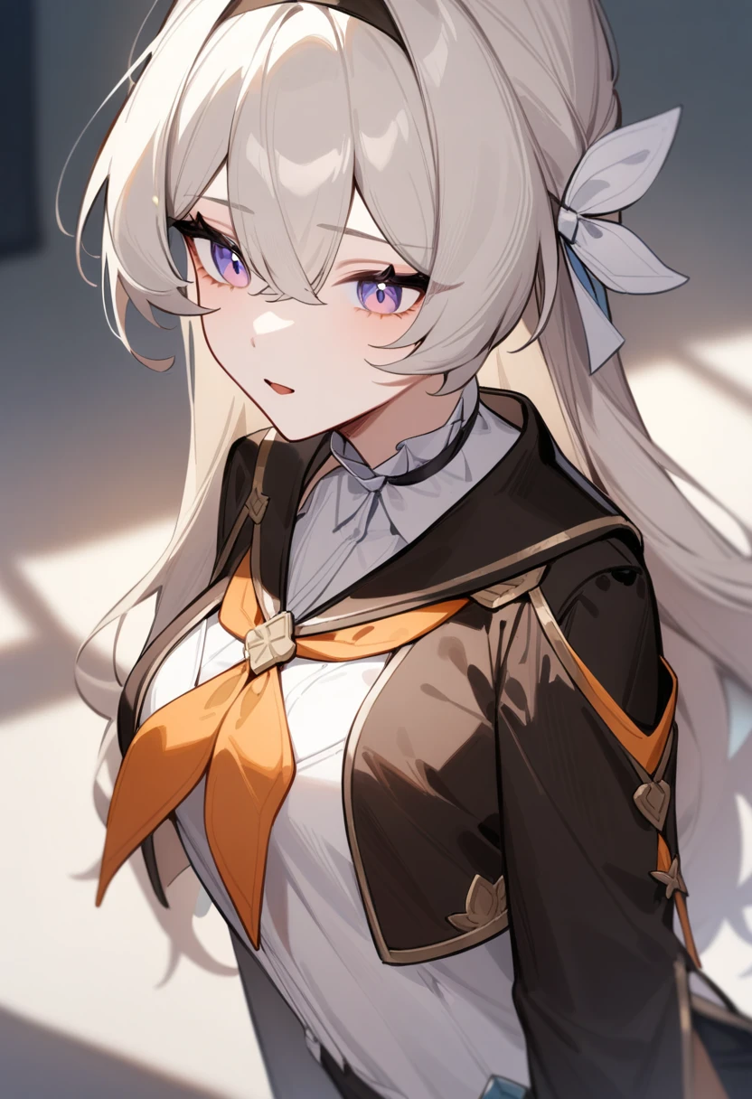<lora:æµè¤a31:1>,a girl named liuying,liuying,1girl,solo,sidelocks,black jacket,white shirt,long sleeves,cropped jacket,orange neckerchief,white bow,collared shirt,, masterpiece, best quality, very aesthetic, absurdres