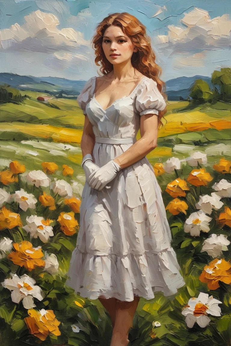 masterpiece, best quality, hi res, newest, oil painting, traditional media, realistic, 1girl, solo, long hair, curly hair, wavy hair, orange hair, orange eyes, looking at viewer, breasts, dress, white dress, puffy sleeves, puffy short sleeves, short sleeves, gloves, elbow gloves, white gloves, three-quarter portrait, closed mouth, standing, outdoors, field, flower, grass, plant, sky <lora:Palette Knife Oil Painting Style LoRA_SeaArt Furry XL 1.0:0.7>