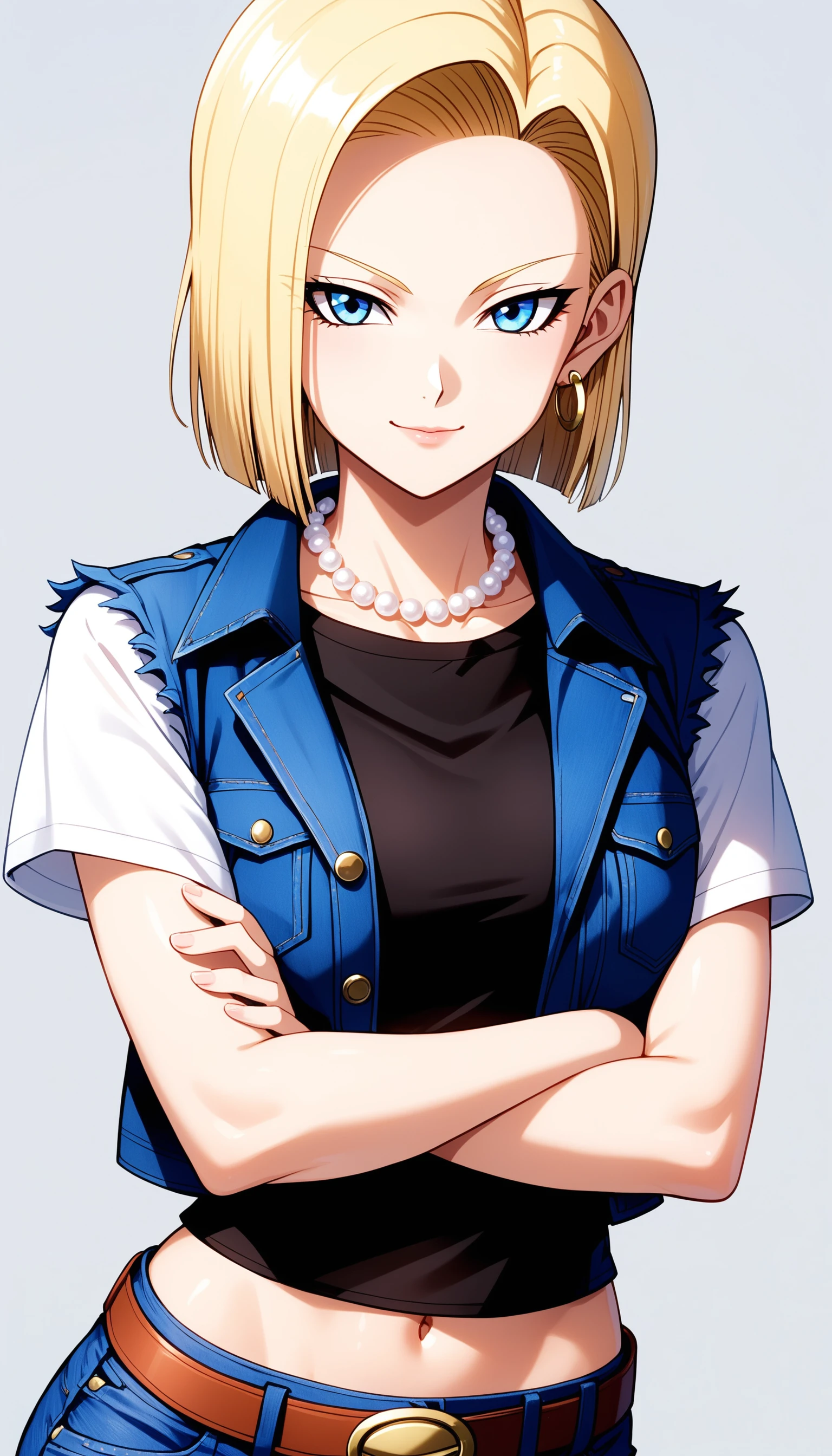 score_9, score_8_up, score_7_up, intricate details,
1girl, android 18, dragon ball, blonde hair, blue eyes, black vest, cropped vest, belt buckle, crossed arm, earrings, jewelry, pearl necklace, short hair, white shirt, short sleeves, shirt tucked in, denim, jeans, light smile, looking at viewer,