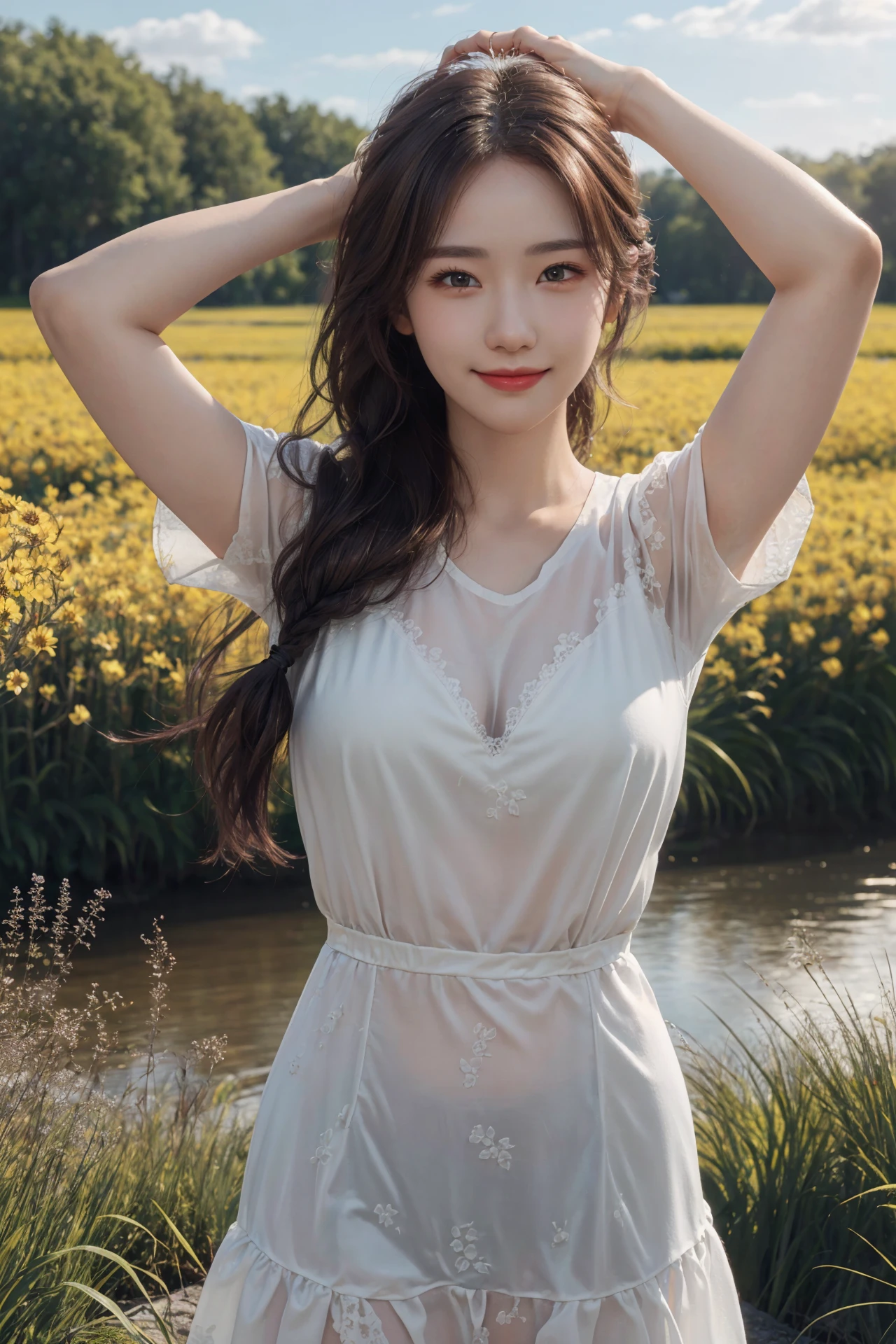 (blush face), (shiny skin), 16 year cute girl, ((see-through white shirt)),(medium breasts), (overgrown), Oiran, Masterpiece, ((standing)), from front, (cleavage), abs