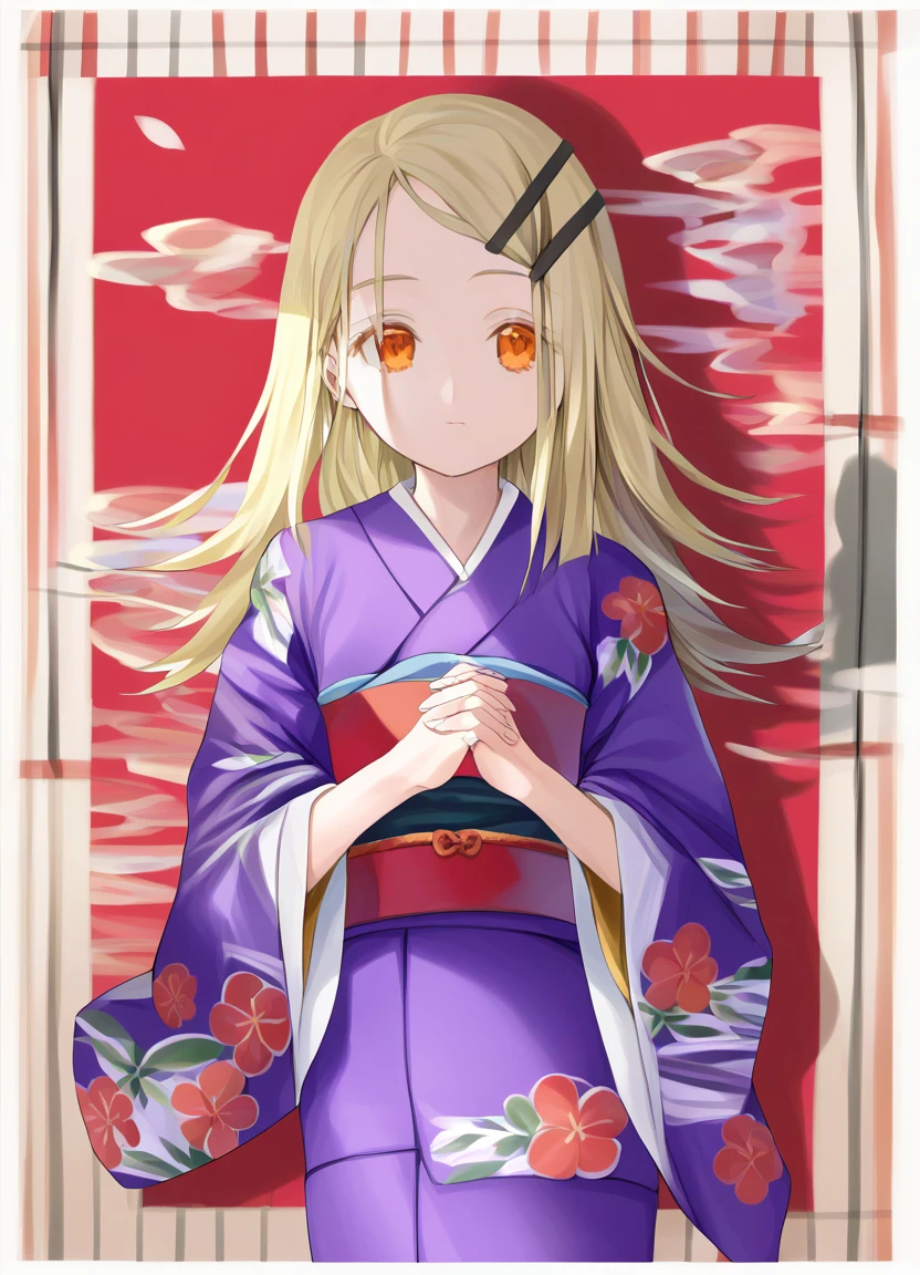 1girl, solo, blonde hair, long hair, orange eyes, hairclip, 
border, drop shadow, floral print kimono, hands up, interlocked fingers, japanese clothes, kimono, looking at viewer, obi, obiage, obijime, outside border, own hands clasped, own hands together, purple kimono, red background, sash, white border
 <lora:shinosawa_hiro:1> <lora:scomp_lora_v0.3.0:1>