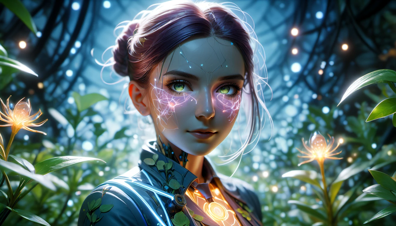 Cyberlight, photograph, medium close-up shot of a midweight Female Botanist, stylized, Bokeh, Long exposure, Nikon d850, L USM, wallpaper, unreal engine, womanly