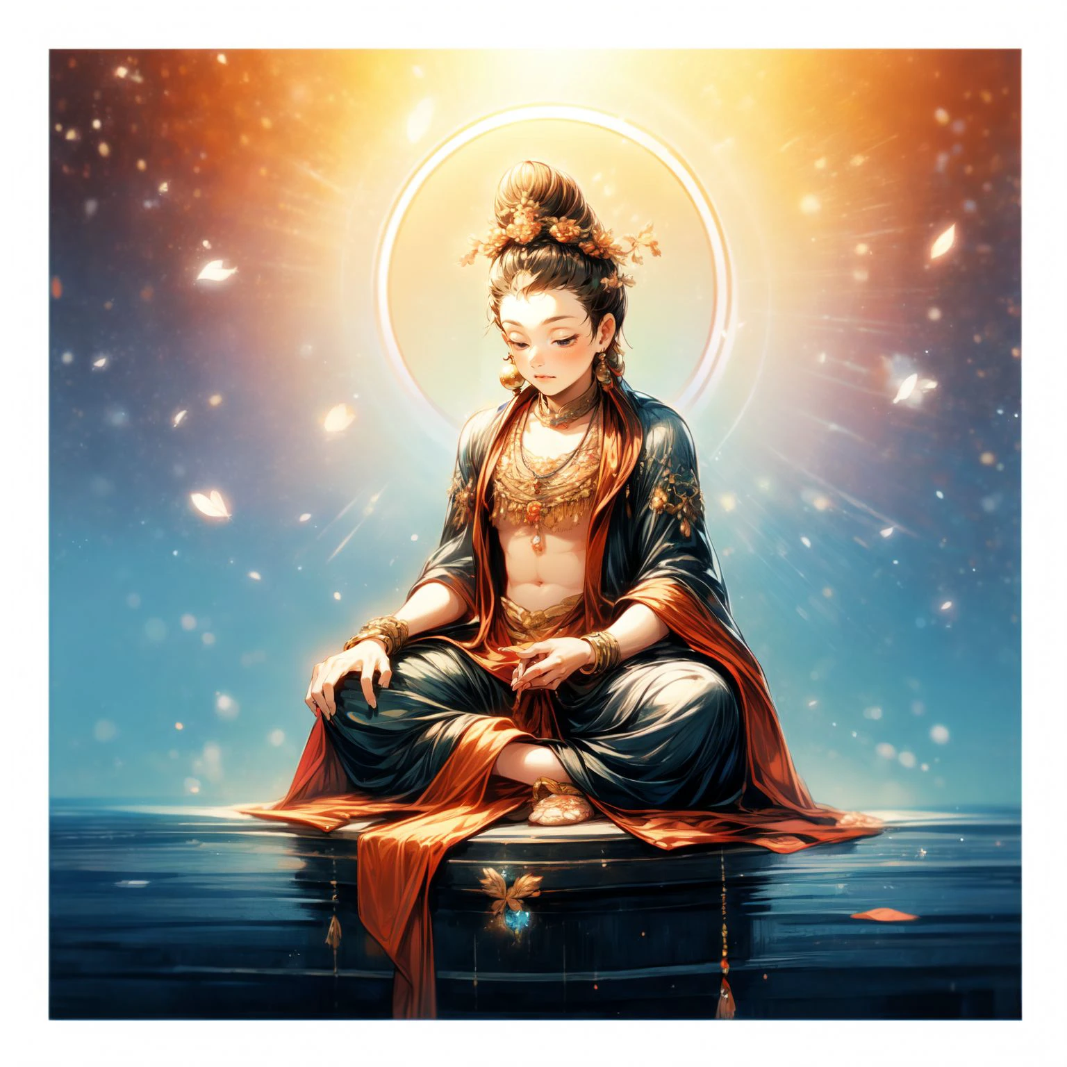 ((guanyin)),1boy,ocean,stars,rainbow,night,necklace,circle,sitting on lotus,flower,jewelry,bracelet,crescent moon,earrings
<lora:fopusav4:0.8>
,,<lora:yuzuv10:0.9>,
<lora:add_detail:2>, <lora:glowingdust_20230806143817:0.5>