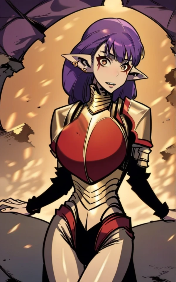 score_9, score_8_up, score_7_up, score_6_up, score_5_up, score_4_up, 1girl, from_anime,
demonesil, long elf ears, earrings, purple hair, gold armor, 
studded collar,
looking away from viewer,  fierce look,

horny, slender thighs,

high cheekbones, slender face, bony face,

extremely slender frame, slender, skinny, asian hips, large breasts, natural breasts, pencil-shaped body, microwaist, muscular stomach, six pack abs,