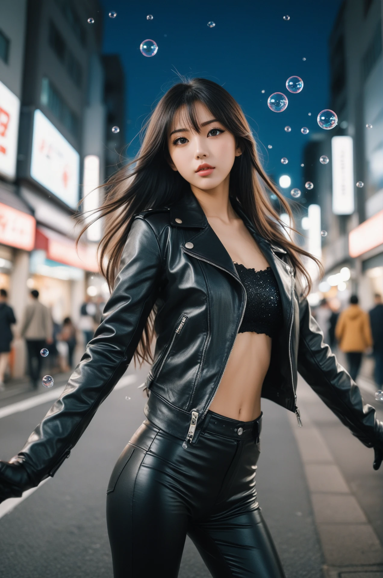 The portrait of a Japanese anime idol girl features big, long, and beautiful black eyes, straight hair, dressed in a black leather jacket, gloves, and pants. She is staring into the camera with clear eyes, posing like a dancer. The scene is viewed from street windows with bubbles in the air. The image is extremely detailed, with a grainy effect, beautifully composed, and captures an extremely detailed street image in Tokyo. It is a fashionable magazine photography piece taken with a Leica Summicron 35mm f2.0 lens and Kodak 400TX film. The image includes flashy light and showcases street photography filled with unknown crowded people.