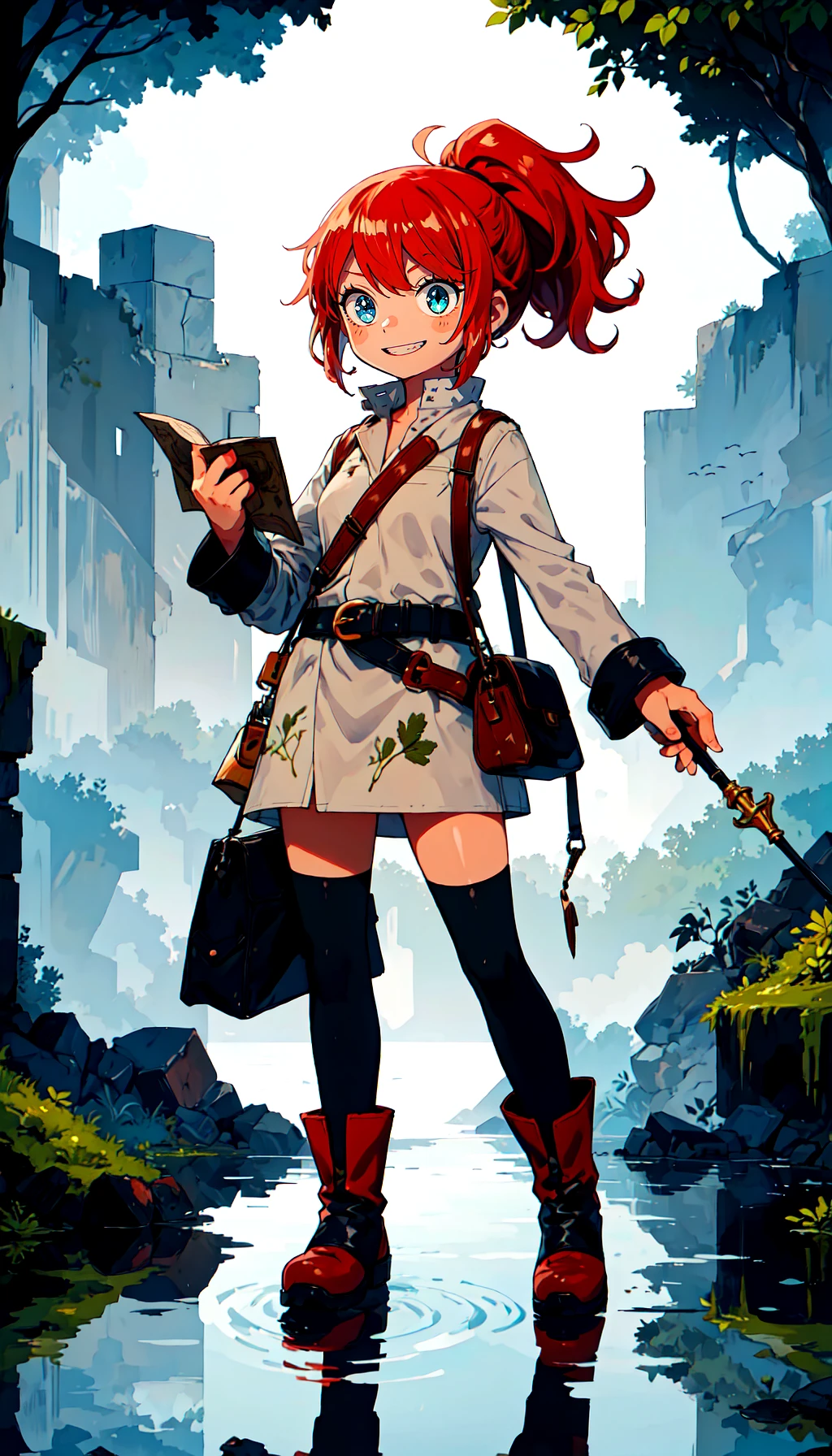 A lively young girl with sparkling eyes explores ancient ruins,her vibrant red hair tied in a ponytail as she excitedly uncovers mysteries. Dressed in a green adventurer's outfit with a compass hanging from her belt,she's holding an ancient map in one hand and a magic staff in the other. Her confident grin reveals determination as she navigates through the ruins,surrounded by intricate carvings and overgrown vegetation. The atmosphere is a mix of curiosity,wonder,and the thrill of discovery. BREAK 1girl,red hair,smile,ponytail,adventurer outfit,black thighhighs,boots,holding large staff,compass ornament on bag,ancient map,confident grin,ruins,cave,vegetation,discovery,moss-covered rocks,
((extremely glossy)),((glossy skin)),((soft reflective skin)),((reflections)),((wide shot)),