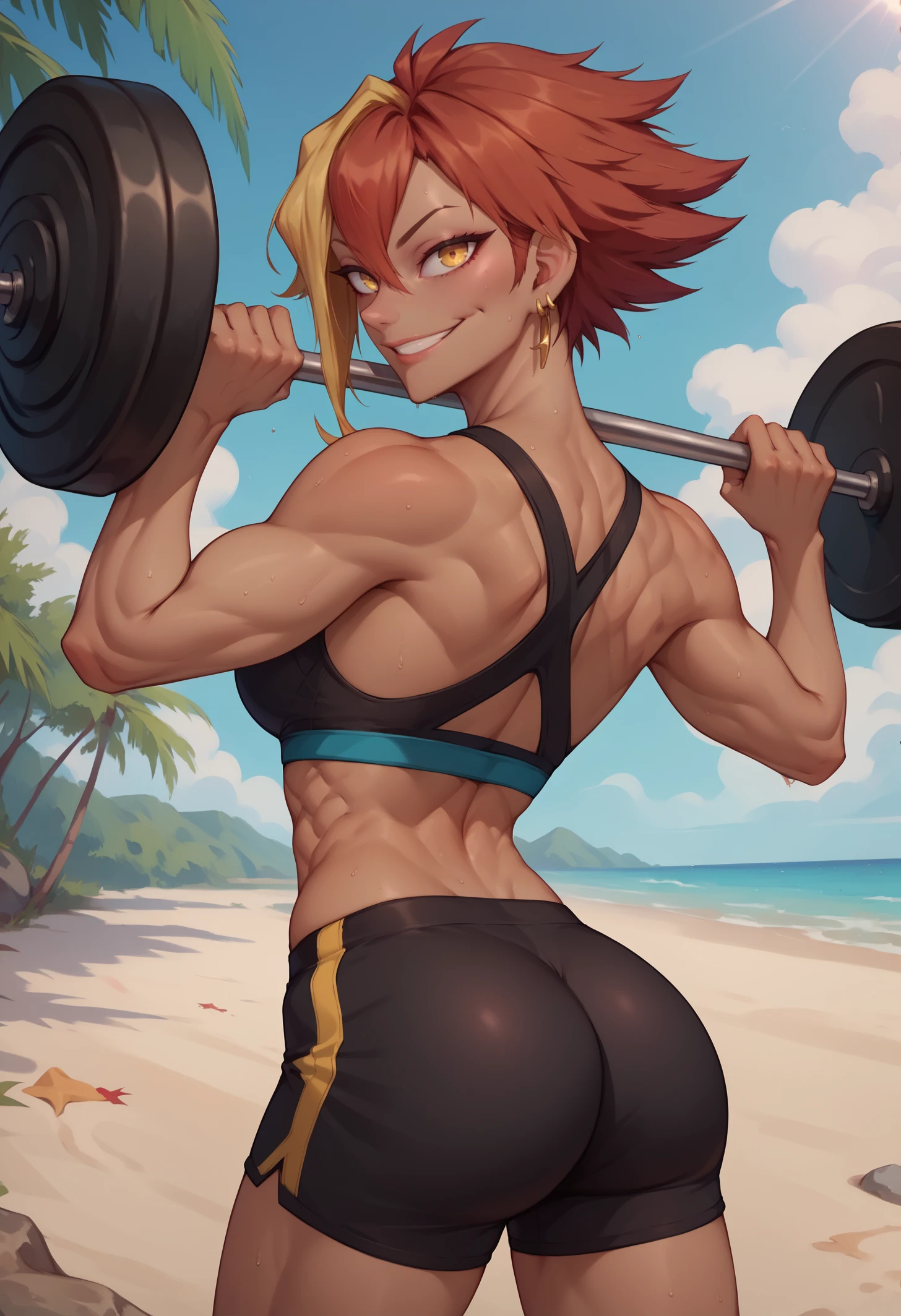 score_9, score_8_up, score_7_up, BREAK 1girl, solo, MarleB, dark skin, yellow eyes, short hair, multicolored hair, asymmetrical bangs, breasts, <lora:MarleBarrockPDXL_V1-Manityro-CAME:1.0>, outdoors, beach, gym,
looking at viewer, smile, looking back, toned, sweat, weightlifting, dumbbell, hands up,
earrings, black sports bra, black sports shorts,