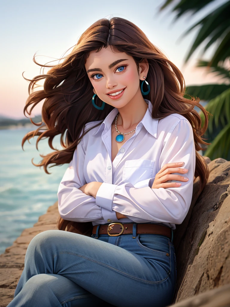 Realistic photo of a beautiful k4thy1 woman,1girl, solo, long hair, looking at viewer, smile, blue eyes, brown hair, shirt, long sleeves, jewelry, sitting, earrings, teeth, pants, necklace, grin, blurry, lips, blurry background, crossed arms, denim, jeans, realistic, soft lighting, professional Photography, Photorealistic, detailed, RAW, analog, sharp focus, 8k, HD, DSLR, high quality, Fujifilm XT3, film grain, award winning, masterpiece<lora:k4thy1:1.0>