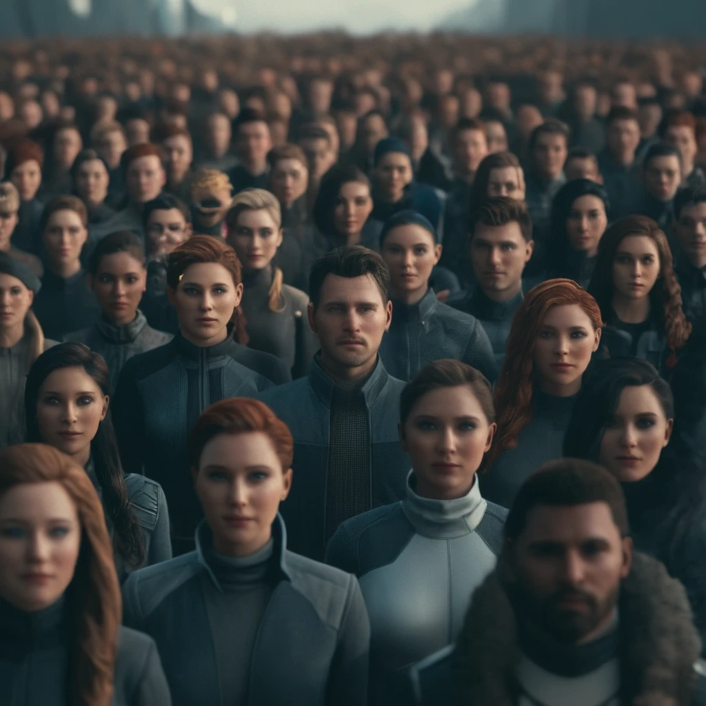 cinematic film still of  <lora:perfection style:0.3> perfection 
 <lora:Unreal Engine style:0.3> Unreal Engine
<lora:Detroit Become Human style:0.9>
In the year 2038 a large group of different people with different faces,long hair,looking at viewe, shallow depth of field, vignette, highly detailed, high budget, bokeh, cinemascope, moody, epic, gorgeous, film grain, grainy