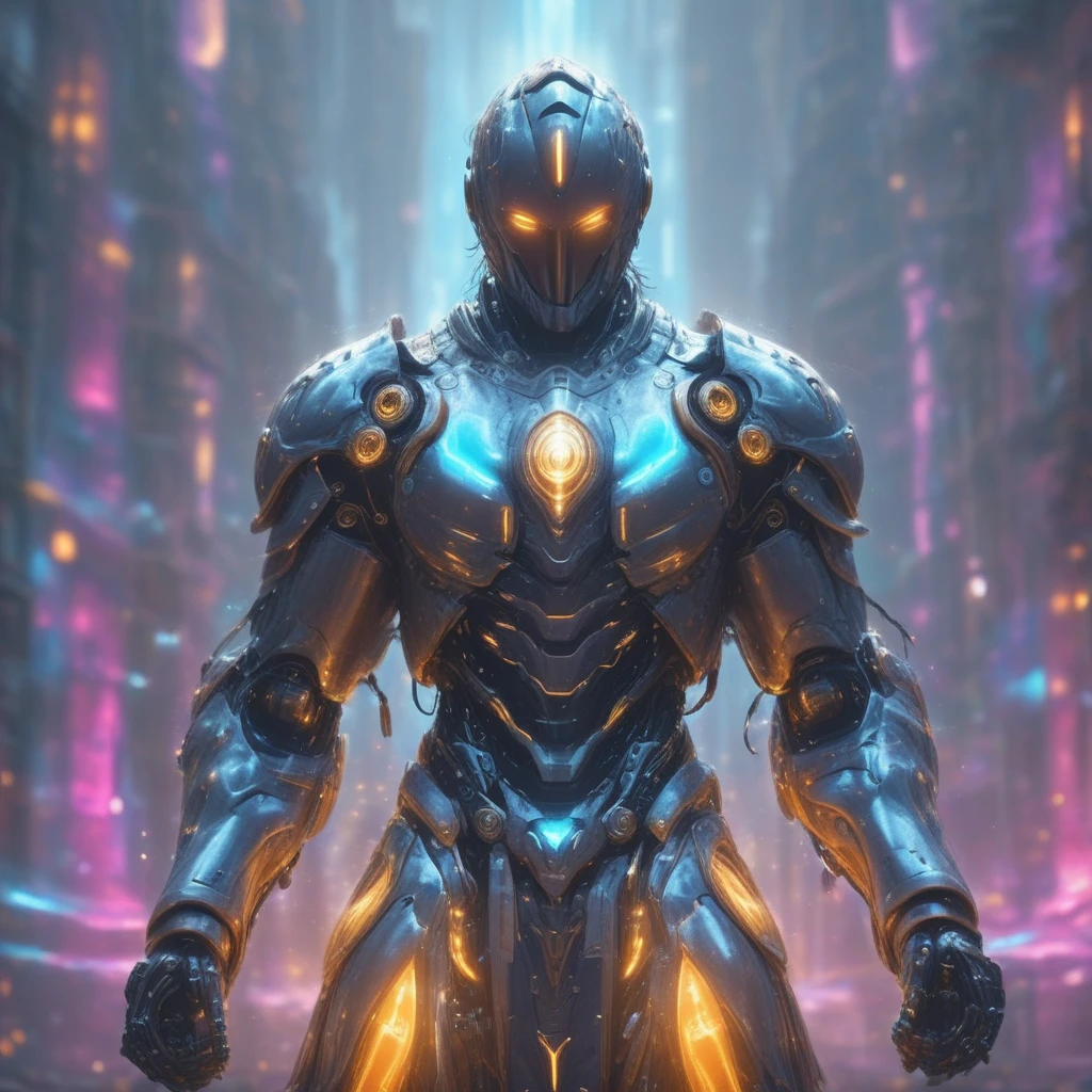 masterpiece,ASCII,8k.absurdes,intricate,maximum resolution, hyper detailed, Mirage pureerosface_v1,DonMn1ghtm4reXL,glow, fog, armor with colorfull details, hellgate london themed,angelical, sanguinius, force  glowing , energy, holding sword