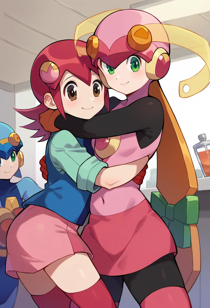 score_9, score_8_up, score_7_up,
<lora:RollexeMaylSakuraiPonybyRR-10:1>,
mayl_sakurai_(mega_man), short hair, hair ornament, long sleeves, blue vest, pink skirt, pleated skirt, brown eyes, red hair,
BREAK
roll.exe_(mega_man), helmet, pink bodysuit, green eyes, long hair, pink gloves, knee boots, pink boots,
BREAK
2girls, hug, smile,
cowboy shot, indoors, lab,