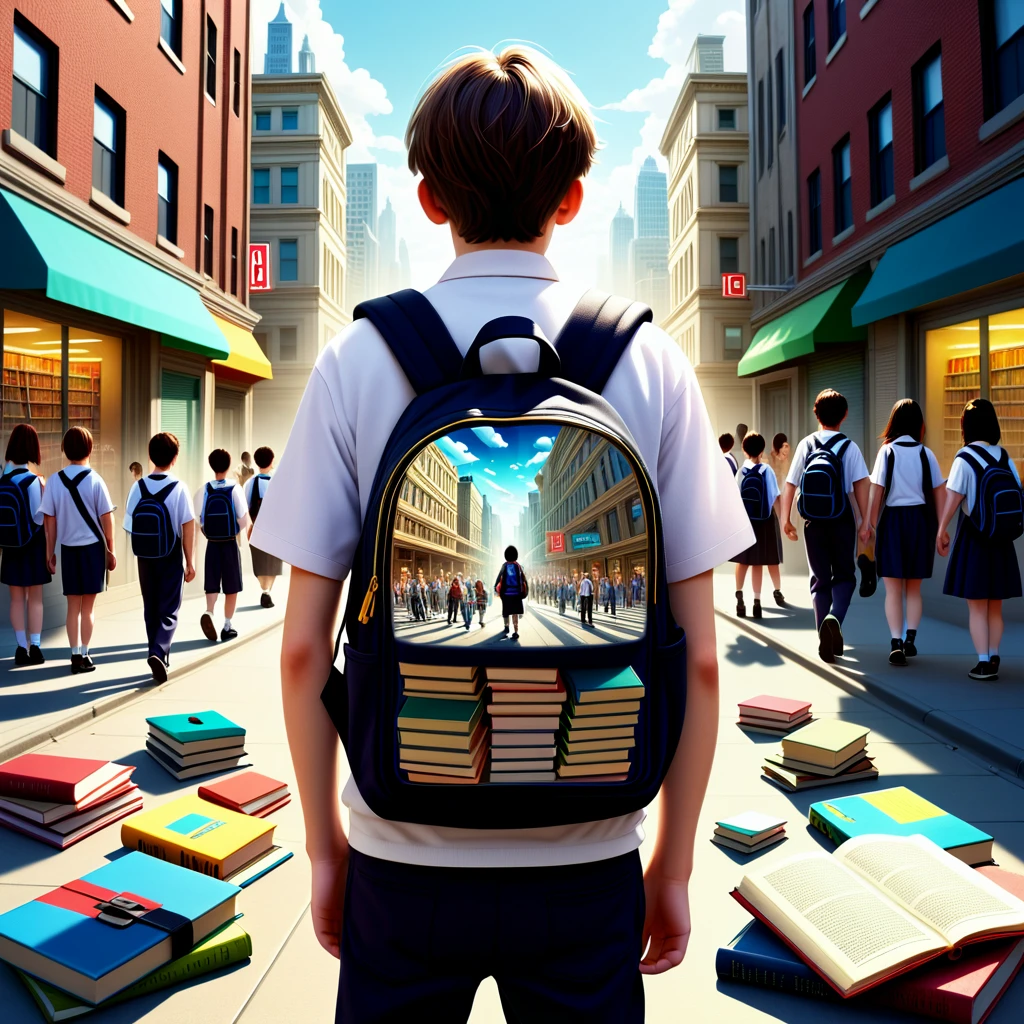 Surrealistic style with dreamlike and fantastical elements, distorted reality, unexpected juxtapositions, and imaginative scenes, In the heart of a bustling city, a backpack filled with textbooks and school supplies beckons to a young student. The backpack is adorned with a variety of textbooks and textbooks, and a group of students, dressed in academic uniforms, gather around the backpack, eagerly awaiting their next move. The scene is, dreamlike, fantastical, distorted reality, unexpected juxtapositions, imaginative, whimsical, absurd, surreal, subconscious,Surrealistic style with dreamlike and fantastical elements, distorted reality, unexpected juxtapositions, and imaginative scenes, In the heart of a bustling city, a backpack filled with textbooks and school supplies beckons to a young student. The backpack is adorned with a variety of textbooks and textbooks, and a group of students, dressed in academic uniforms, gather around the backpack, eagerly awaiting their next move. The scene is, dreamlike, fantastical, distorted reality, unexpected juxtapositions, imaginative, whimsical, absurd, surreal, subconscious