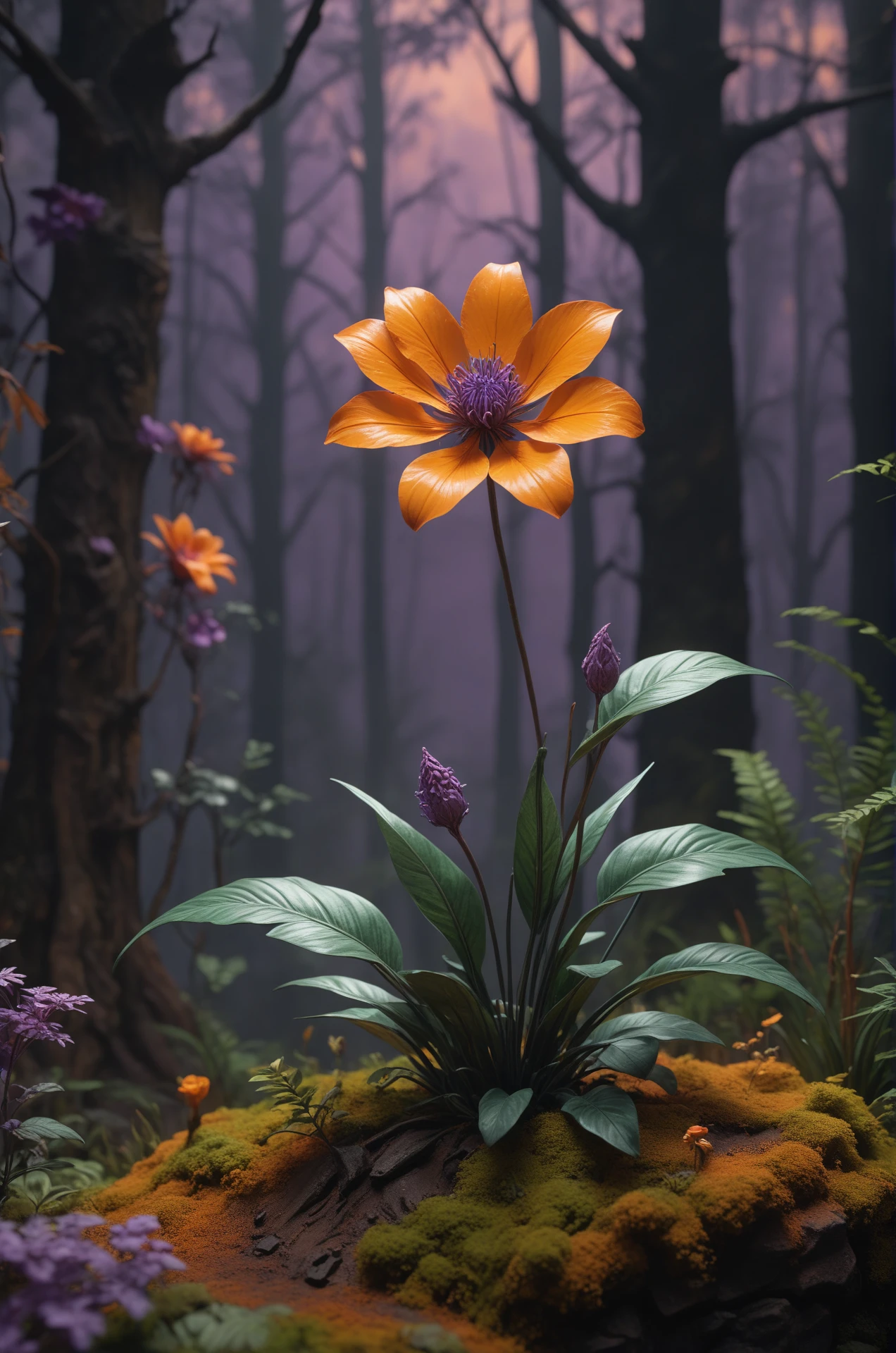 A beautiful purple flower in a dark forest, in the style of hyper-realistic sculptures, with dark orange and green colors, set against post-apocalyptic backdrops with light red and yellow hues. It is displayed in museum gallery dioramas, featuring soft, dreamy scenes with an orange and green surreal 8k ZBrush render.
