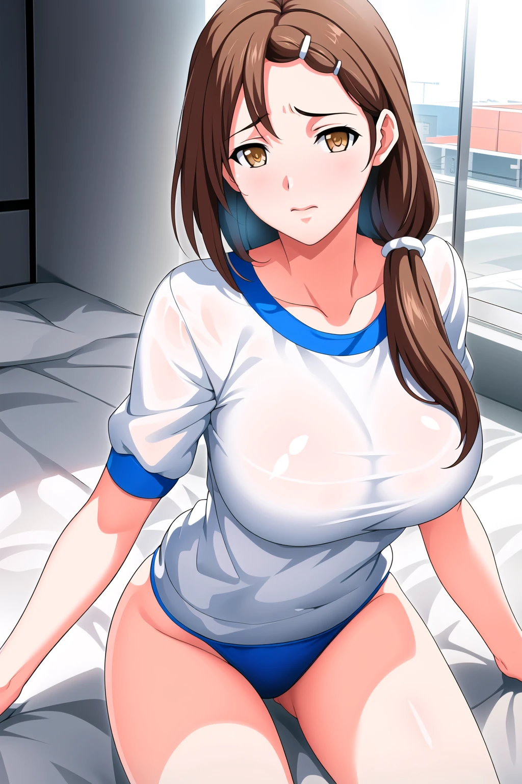 School,court,
dynamic pose,
blue_buruma,blue_panties, short sleeves, bare arms, collarbone, gym uniform,
<lora:Shiori_Hiura_Wanna-KK77-V3:0.7>,<lora:Shiori_Hiura_WANNA-KK77-V1:0.3>,
brown_hair,brown_eyes,single braid,Bangs,hair ornament, hairclip,
<lora:Oda_Non_Style-KK77-V2:0.3>,<lora:more_details:0.1>,
1 girl, 20yo,Young female,Beautiful long legs,Beautiful body,
Beautiful Nose,Beautiful character design, perfect eyes, perfect face,expressive eyes,perfect balance,
looking at viewer,(Focus on her face),closed mouth, (innocent_big_eyes:1.0),(Light_Smile:0.5),
official art,extremely detailed CG unity 8k wallpaper, perfect lighting,Colorful, Bright_Front_face_Lighting,White skin,
(masterpiece:1.0),(best_quality:1.0), ultra high res,4K,ultra-detailed,
photography, 8K, HDR, highres, absurdres:1.2, Kodak portra 400, film grain, blurry background, bokeh:1.2, lens flare, (vibrant_color:1.2),professional photograph,
(Beautiful,large_Breasts:1.4), (beautiful_face:1.5),(narrow_waist),