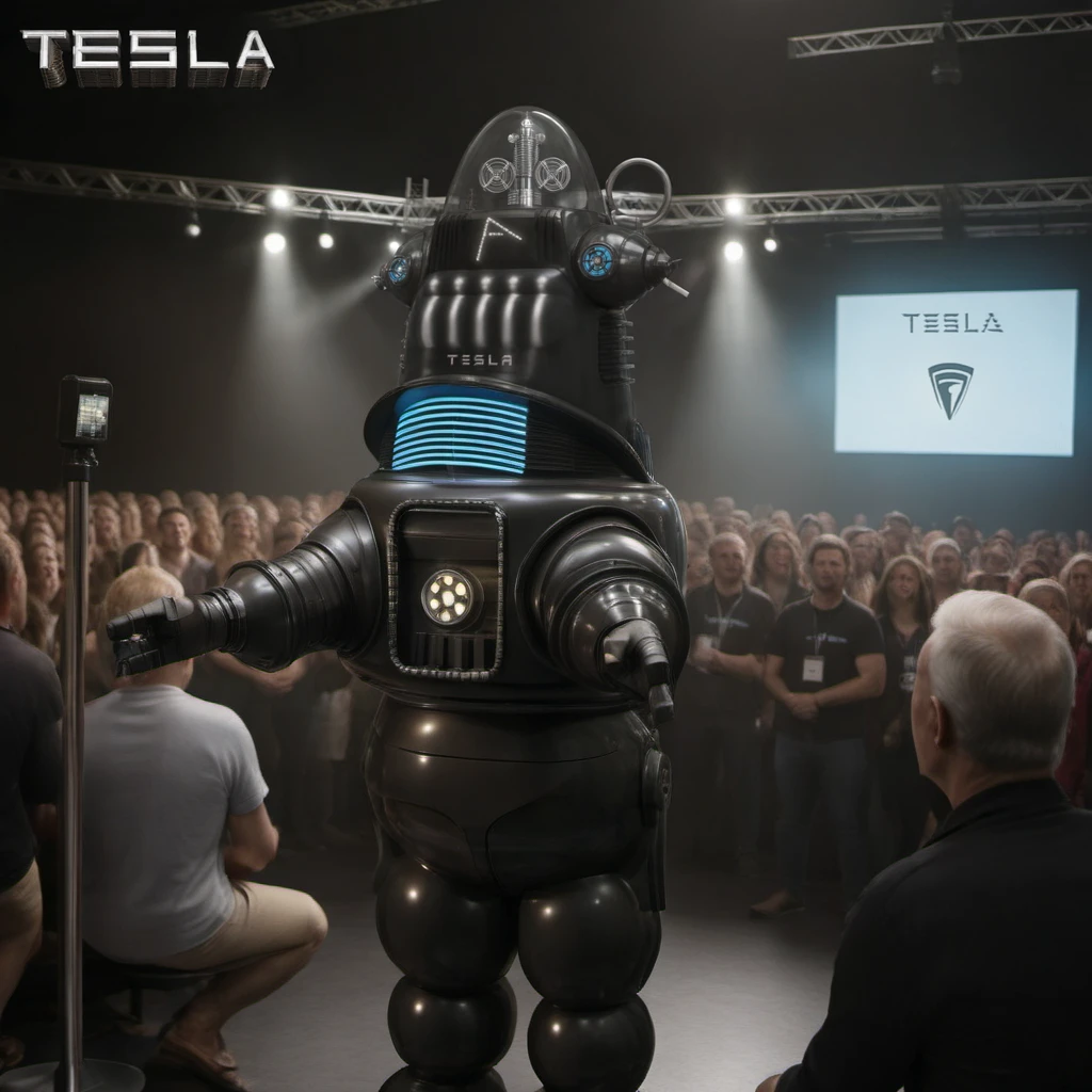 a robot is hosting a conference in front of a crowd, holds a microphone, text ''TESLA'', tesla logo<lora:Robby1024:0.7>