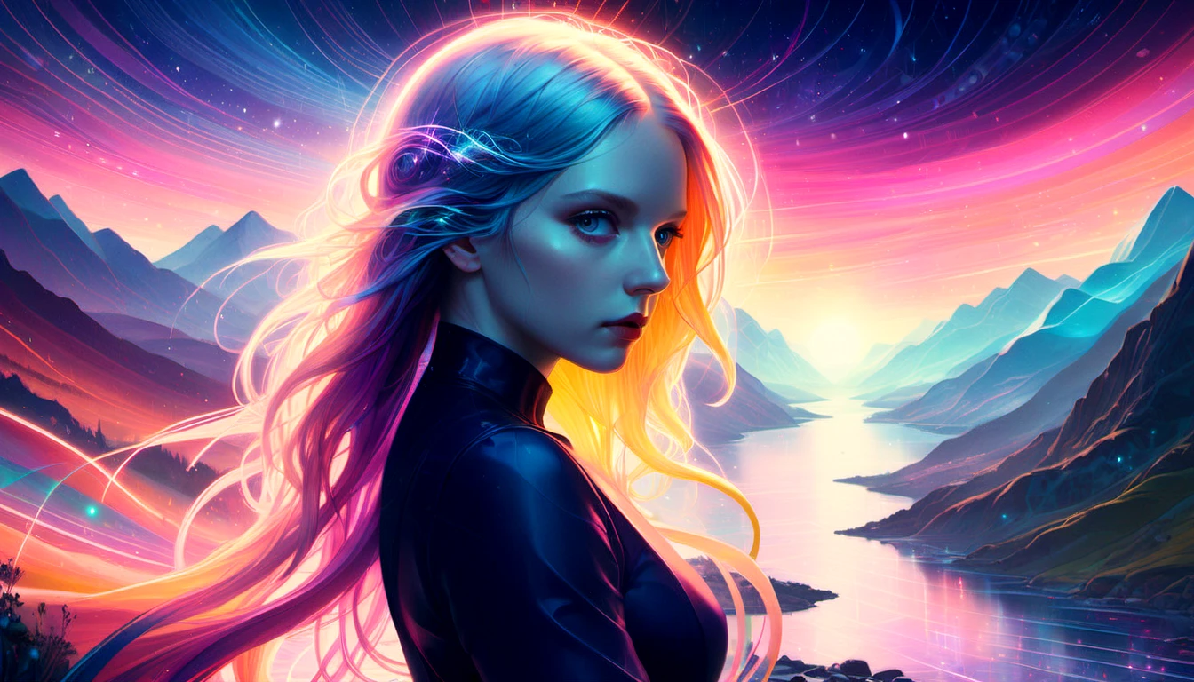 CyberLight, colorful art by Bec Winnel, Bewitching Female Canon, nostalgic, metaphysical art, flowing lines, Norwegian landscapes